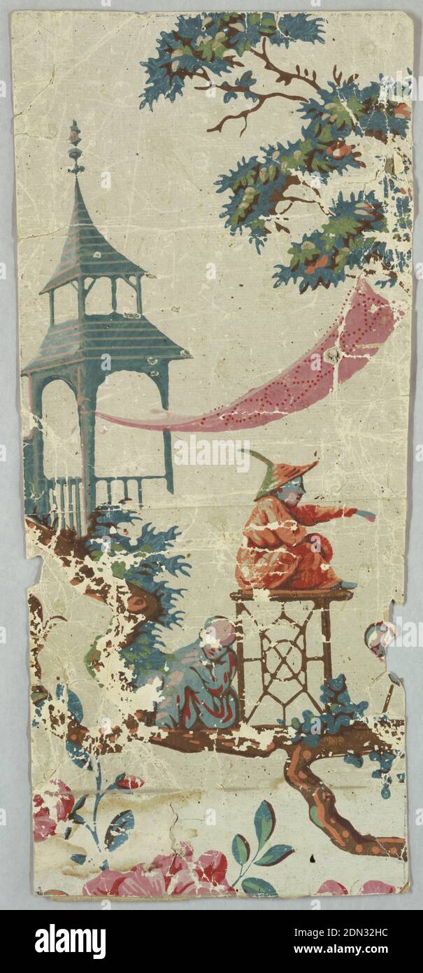 Sidewall, Jean-Baptiste Réveillon, French, 1725–1811, Block-printed on handmade paper, Portion of a repeating motif. A personnage in Chinese garb is seated on a trellised stand in profile. On the ground, at left, a seated figure. Above to the left is a Chinese summer house. Leafy branches and flowers. Printed in numerous colors on pale gray ground., Paris, France, ca. 1780, Wallcoverings, Sidewall Stock Photo