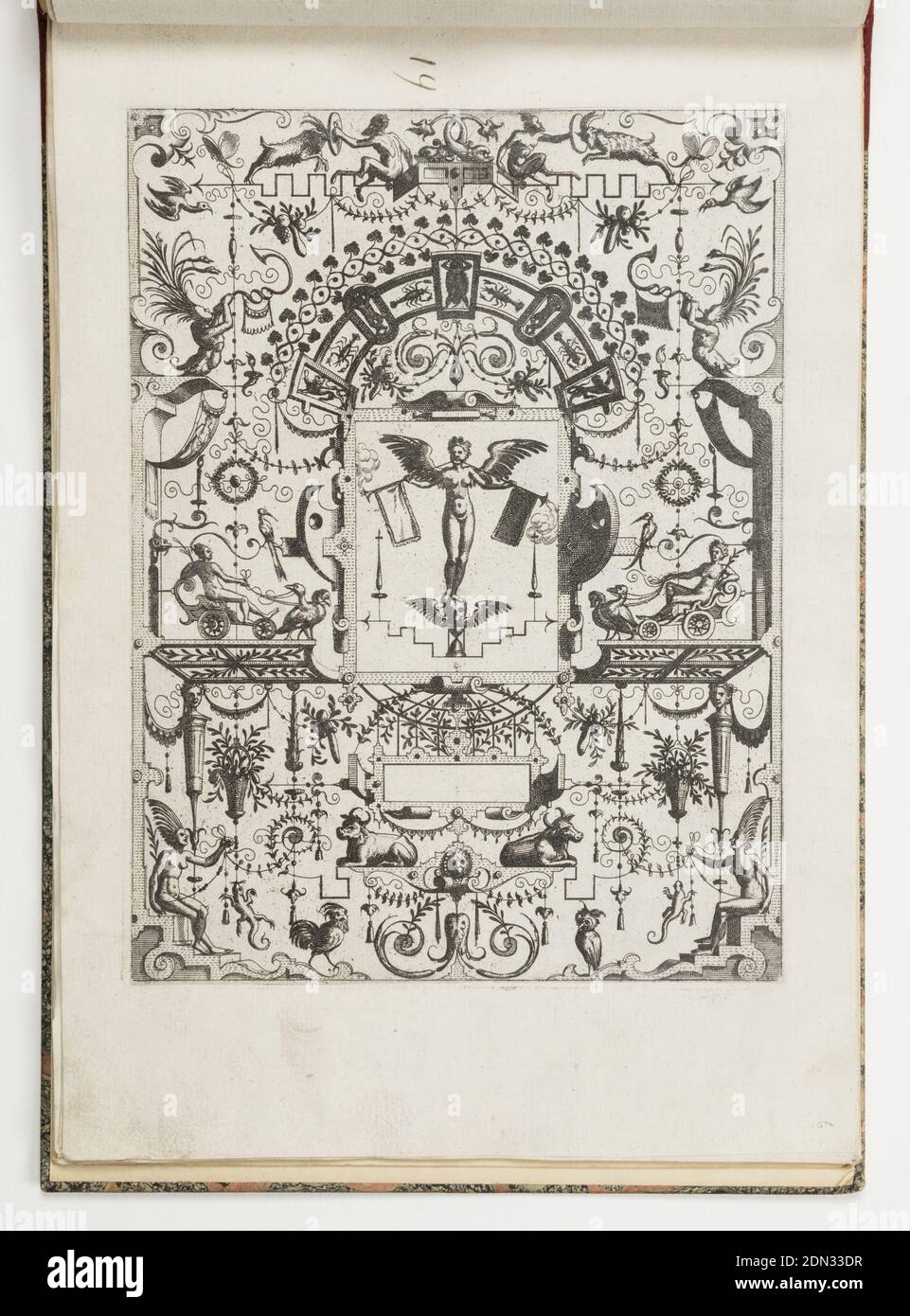 Plate 19, from Grotteßco in diverßche manieren (Various Grotesques), Hans Vredeman de Vries, Dutch, 1527 - ca. 1606, Jan van Doetechum the Elder, Dutch, active 1554 - ca. 1600, Lucas van Doetechum, Dutch, after 1584, Gerard de Jode, Flemish, 1509 - 1591, Etching on laid paper, Grotesque panel. In center, a winged figure stands on a skull and hourglass, blowing two trumpets. She is flanked by two chariots pulled by birds., France, 1564, ornament, Print Stock Photo