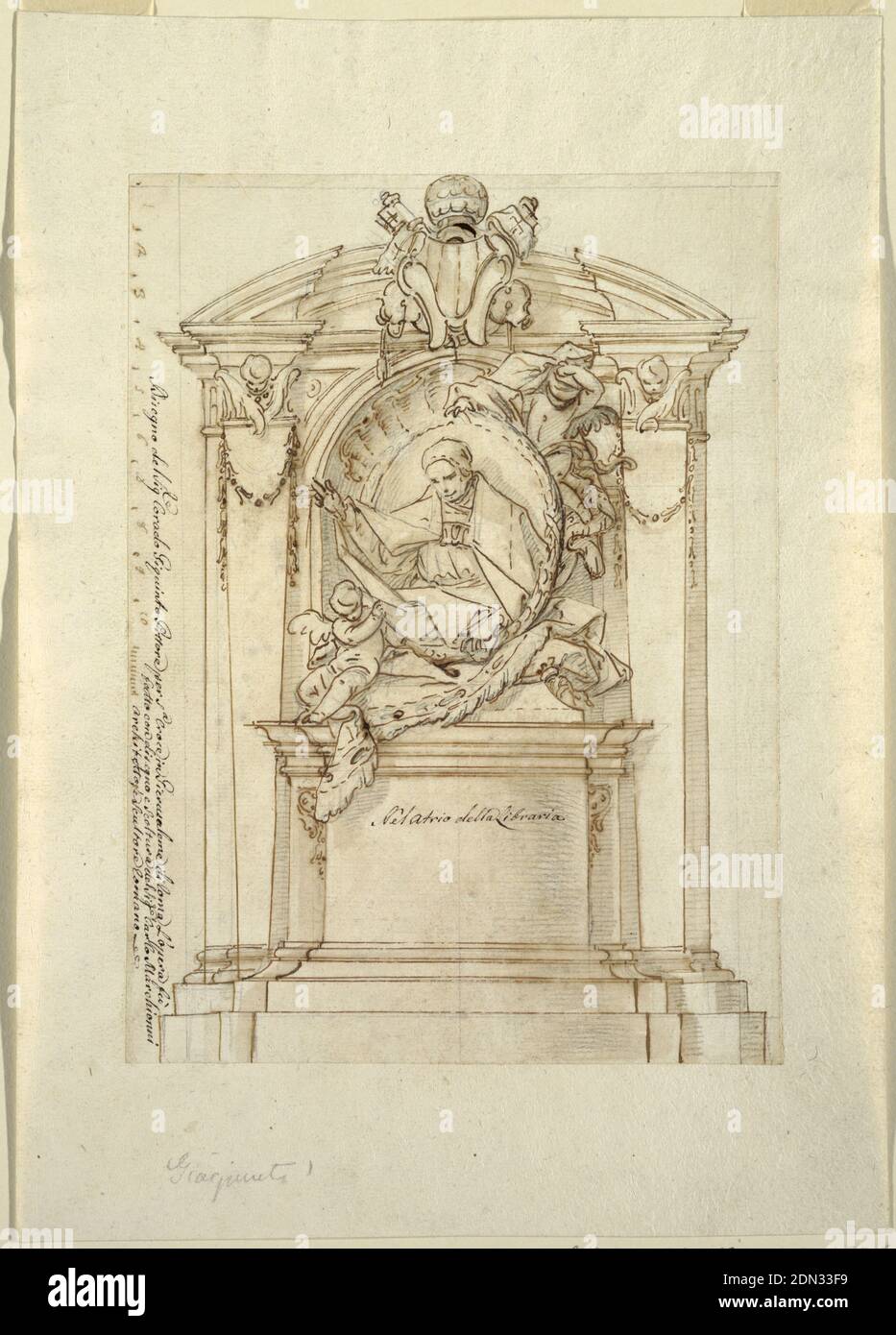 Design for a monument, Corrado Giaquinto, Italian, 1703 - 1765, Black chalk, pen and brown ink, brush and wash on paper, A pedestal stands in front of a niche, flanked by pilasters shaped like gaines and showing cherubim in the capitals. Two angels, one of whom is flying, support a medallion portrait of the pope. His coat of arms is in front of the pediment. The scale is at the left edge., Italy, ca. 1750, architecture, Drawing Stock Photo