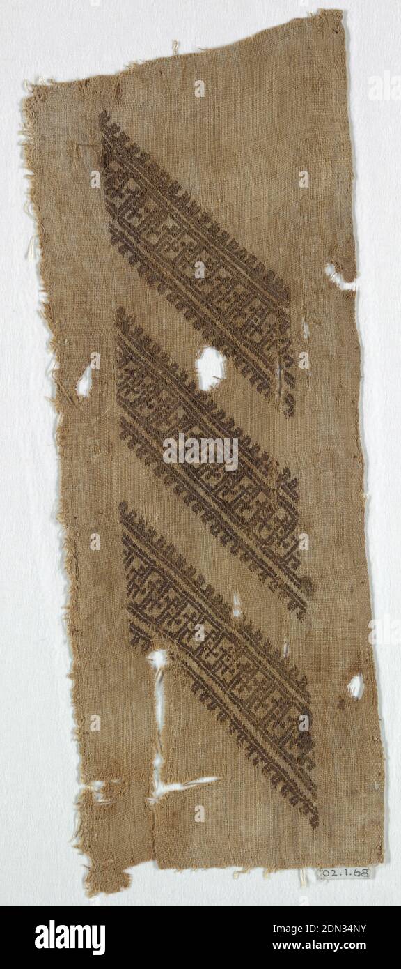 Fragment, Medium: Warp; linen. Wefts; linen, silk. Technique: supplementary wft floats on a plain weave background., Diagonal bands of brown silk in geometric pattern. One selvage present., Near East, 12th–14th century, woven textiles, Fragment Stock Photo