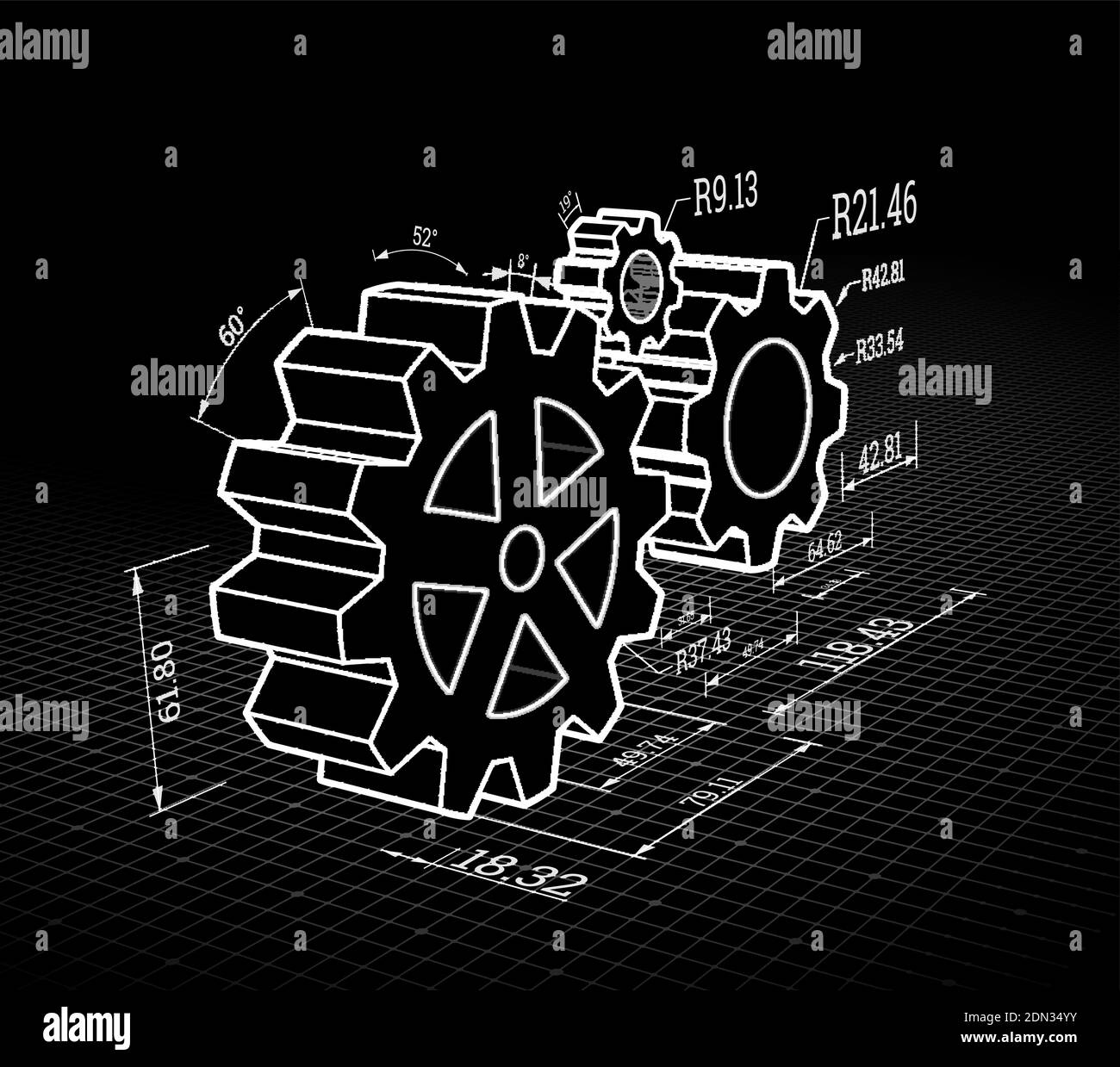 Set of gears on a white background. Vector illustration, blueprint style Stock Vector Image