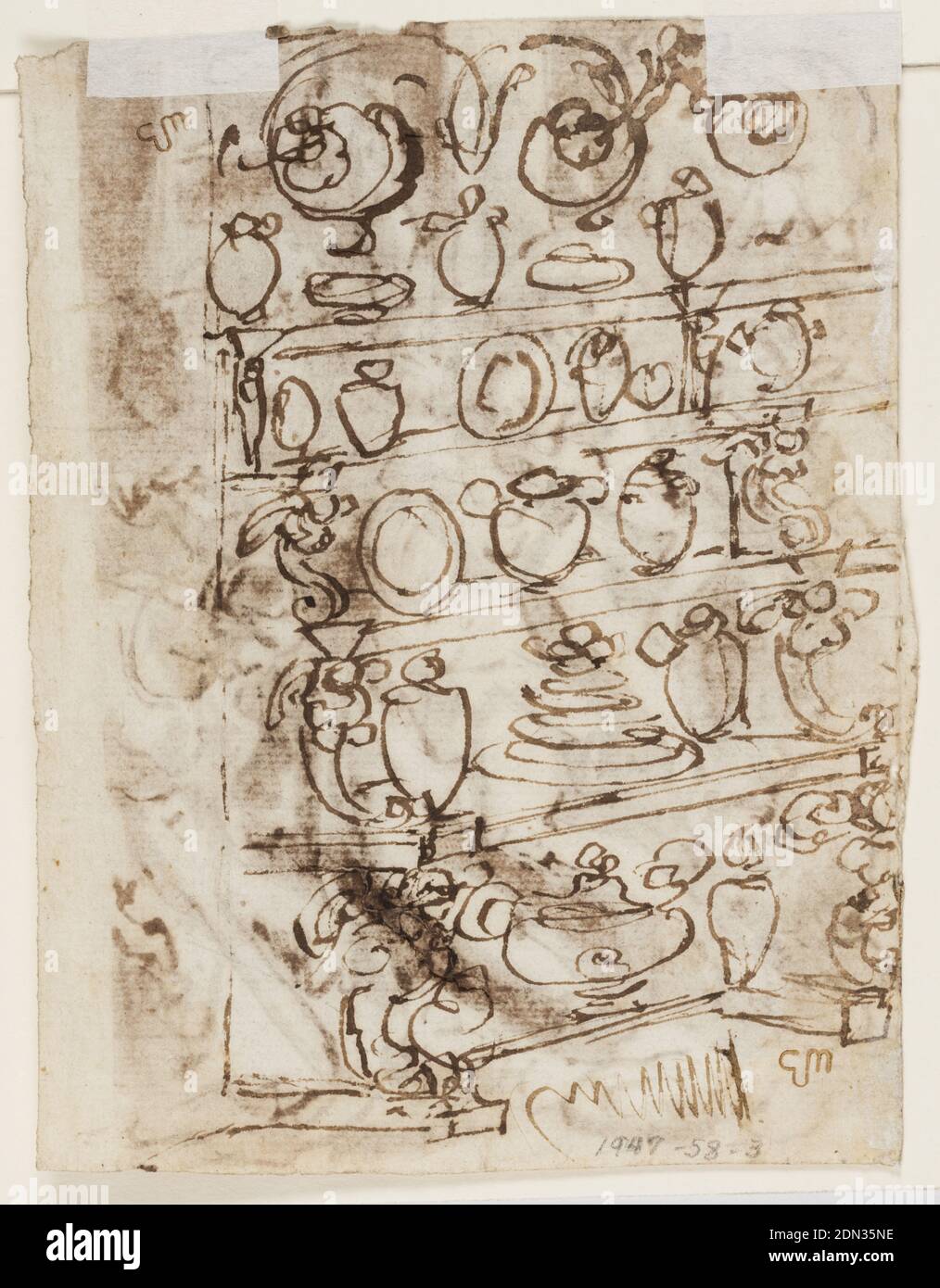 Page of a sketchbook; Mary holding body of Christ at foot of Cross, Jan van der Straet, called Stradanus, Flemish, 1523–1605, Brown ink and wash on paper, Mary holding the dead body of Christ which has just been taken down from the Cross. Several other women with her. Recto: dish closet., Netherlands, ca. 1590, figures, Drawing Stock Photo