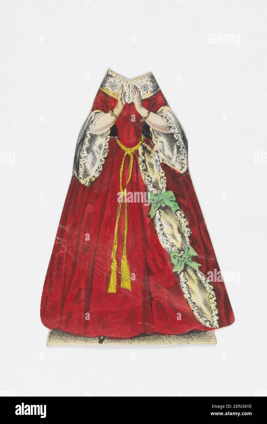 Jenny Lind Paper Doll Costume, Valentine from the opera 'Die Hugenotten' (The Huguenots), Lithograph on white wove paper, Paper doll costume for the figure of Jenny Lind representing the character Valentine from the opera Die Hugenotten (The Huguenots). Designed to be placed over the doll., Europe, ca. 1850, toys & games, Print Stock Photo