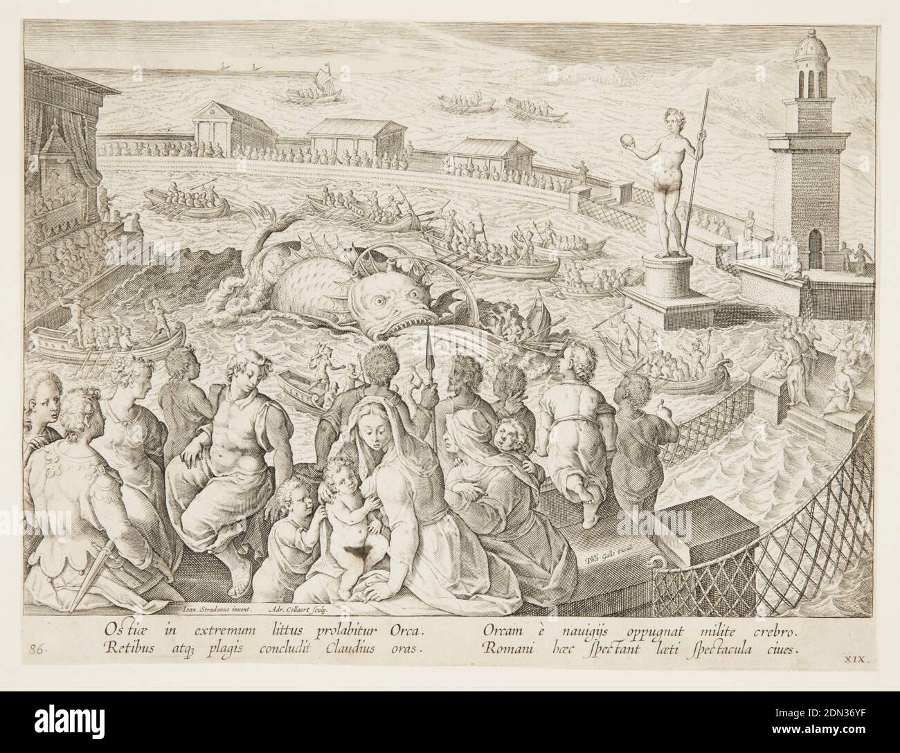 Whale Hunt by the Emperor Claudius in the harbour at Ostia, pl. 19 in the Venationes Ferarum, Avium, Piscium series, Adriaen Collaert, Flemish, ca. 1560 – 1618, Philips Galle, Flemish, 1537 - 1612, Jan van der Straet, called Stradanus, Flemish, 1523–1605, Engraving on paper, Figural seascape scene, with groups in the foreground observing an orca sea monster trapped within a walled area. A statue and a tower at right. Open boats filled with men surround the monster, while spectators watch from the wall., Netherlands, 1596 or after, figures, Print Stock Photo