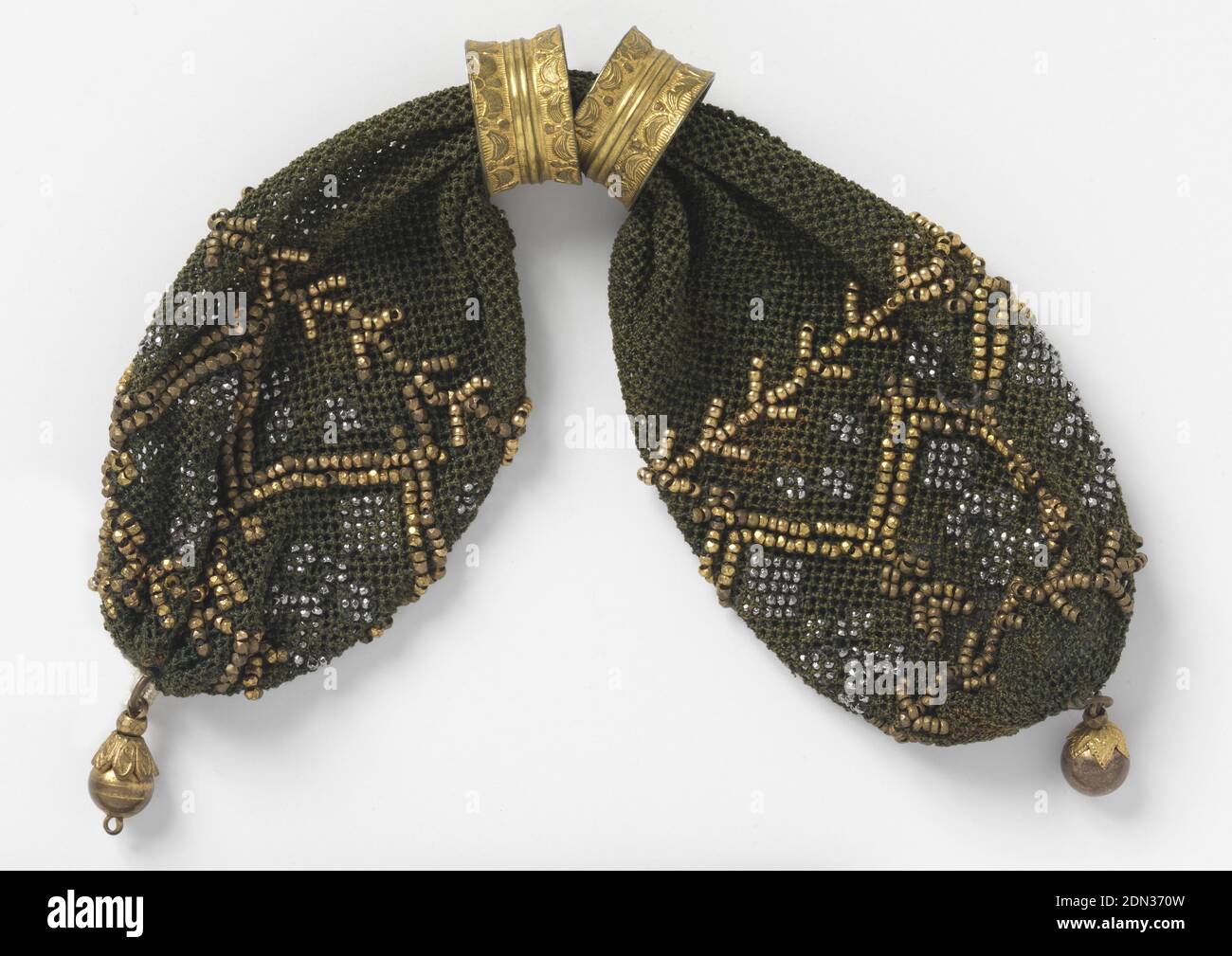 Miser's purse, Medium: silk, metal Technique: crocheted, Dark crocheted silk ornamented with gold beads in zigzag and stylized branch pattern. Accents of very small cut steel beads. Two gold rings control side opening; gold ball drops at either end., France, early 19th century, costume & accessories, Miser's purse Stock Photo