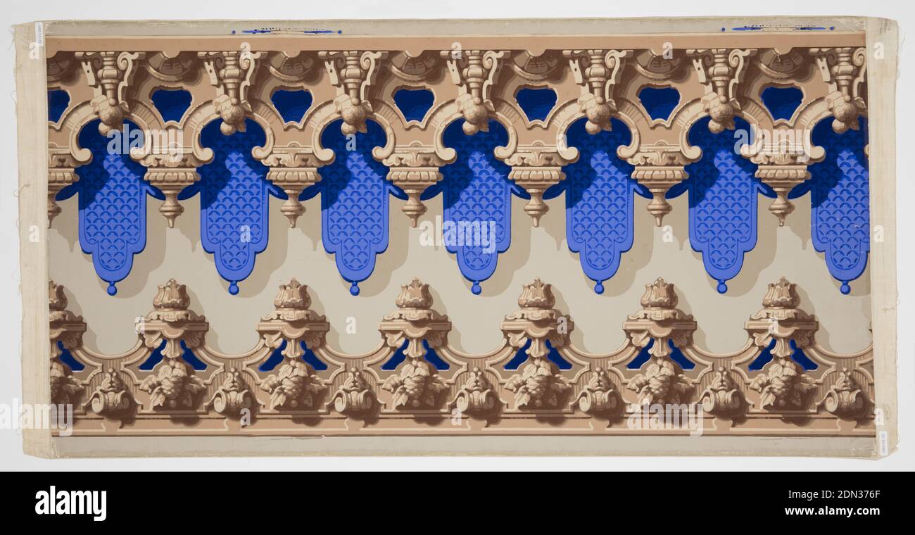 Decor Chasse et Peche, Block-printed paper, Two borders to be cut out and used to frame panels at top and bottom. They simulate ornamental wood carving, the larger of the two having, in addition, a lambrequin of deep blue., Paris, France, 1859–65, Wallcoverings, Border, Border Stock Photo