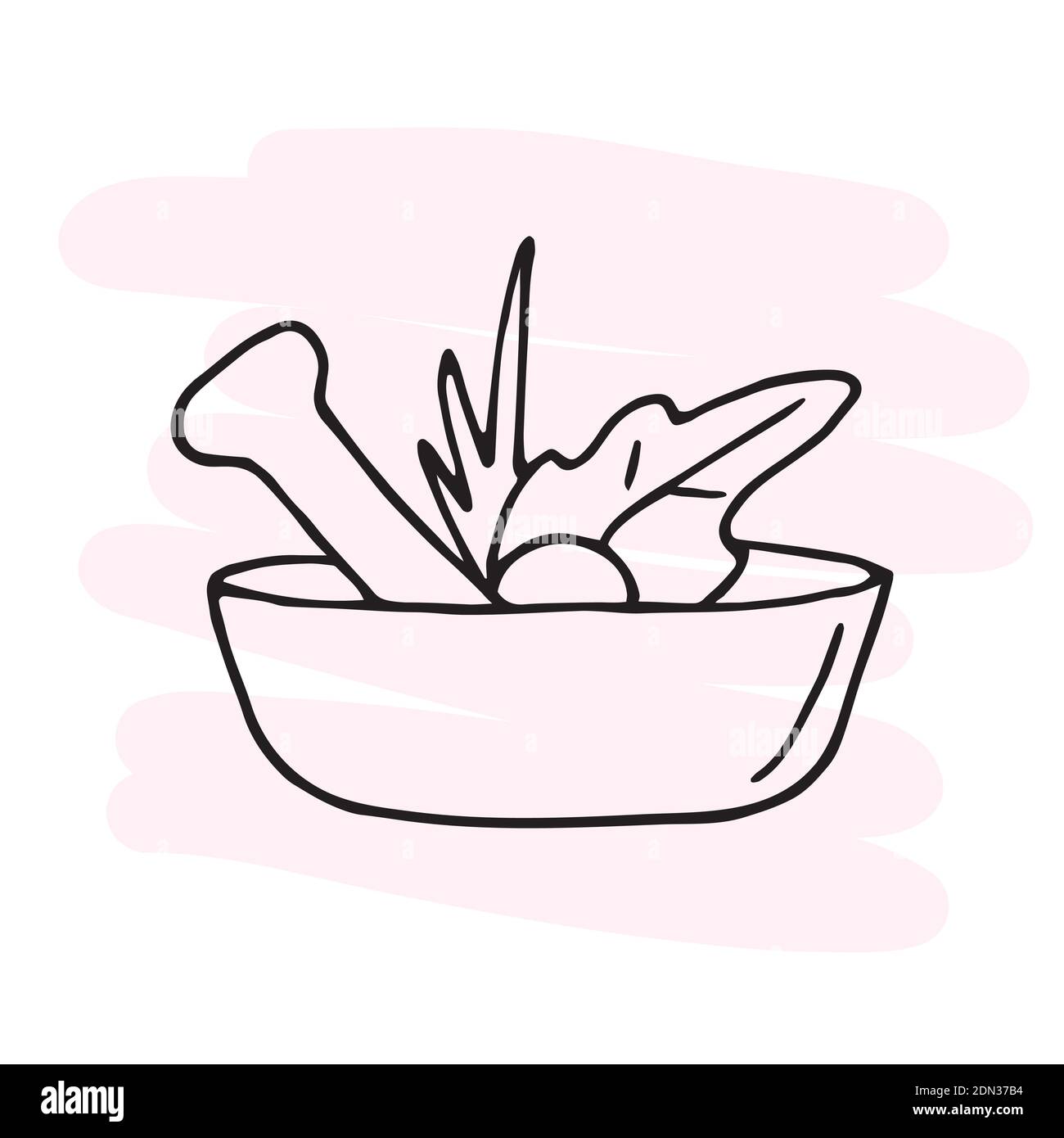 mortar with pestle for grinding ingredients. Attributes of alternative medicine. Doodle Stock Vector