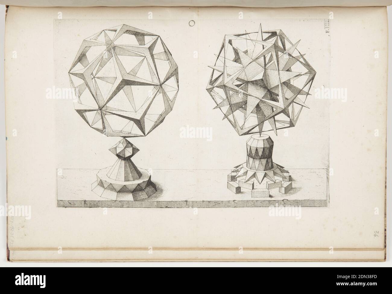 Plate O, F.IIII, Rhombentrikontaeder und Ikosaeder (Rhombic Triacontrahedron and Icosahedron), Perspectiva Corporum Regularium (Perspective of the Regular Bodies), Wenzel Jamnitzer, German, 1508–1585, Jost Amman, Swiss, active Germany, 1539–1591, Etching on laid paper, Plate from Jamnitzer's compendium of perspectival geometry, Perspectiva Corporum Regularium (Perspective of the Regular Bodies) showing two polyhedral variants. The book is based on the five Platonic solids or 'regular bodies.', Germany, 1568, models and prototypes, Print Stock Photo