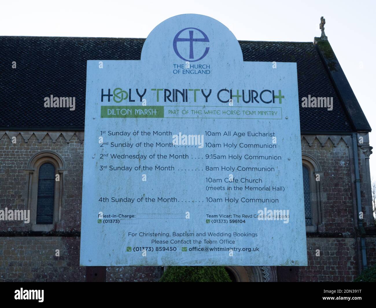 Information board for Holy Trinity Church, part of The White Horse Team Ministry, Dilton Marsh, Wiltshire, England, UK. Stock Photo