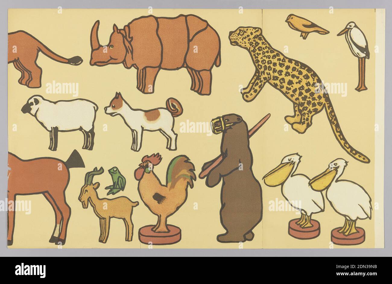 Jungle Cut Outs, The Schmitz-Horning Co., Cleveland, Ohio, 1905 - 1960, Chromolithograph on paper, Children's frieze, containing various animals, including dog, sheep, goat, pelican, rhinoceros and leopard. Printed in colors on a tan ground. The paper can be installed as is forming a frieze or the animals can be cut out and pasted on the wall or pinned to a fabric wallcovering., Cleveland, Ohio, USA, 1906, Wallcoverings, Decorative panel, Decorative panel Stock Photo