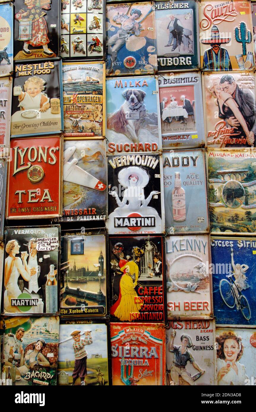 United Kingdom, England, London. Notting Hill district. Old advertisements. Antique market stall in Portobello Road. Stock Photo