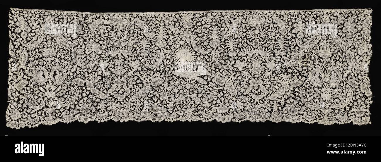 Flounce, Medium: linen Technique: Brussels style bobbin lace, Brussels-style flounce with a central design of an eagle surmounted by a radiant sun, flanked by entwined initials and paired medallions containing the portraits of a man and woman. Above are crowns under canopies. Below are hearts pierced by arrows and chained together, lover's knots and initials. Probably made in 1695 for the marriage of Maximilian Emmanuel of Bavaria and Therese Cunegonde, daughter of John Sobieksi, the king of Poland., Belgium, late 17th century, lace, Flounce Stock Photo