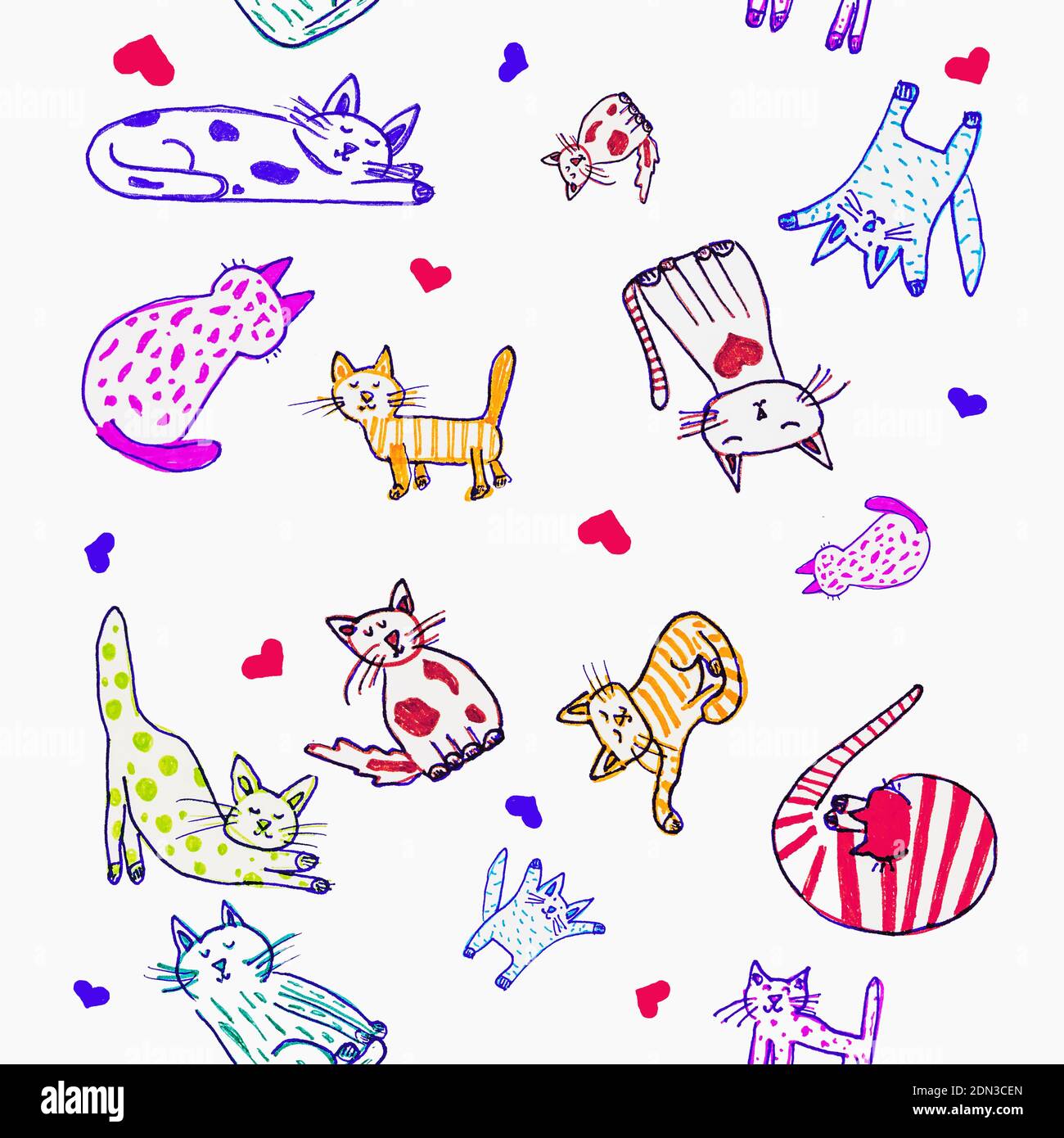 Set of colorful cats on white background, seamless hand drawn pattern ...