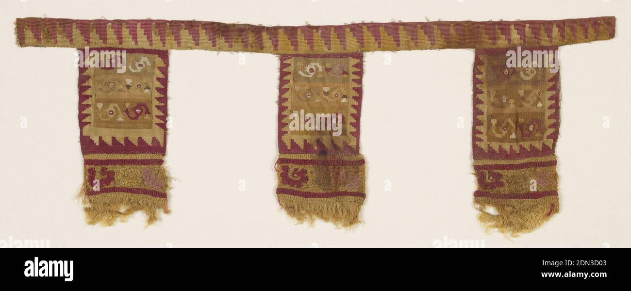 Fragment, Medium: wool, cotton Technique: embroidery on plain weave foundation; Weft-faced plain weave: slit tapestry. Warp-faced plain weave embroidered in chain stitch., Tapestry woven strip patterned by stepped triangles in red and yellow to which three large tabs are attached (there might have been others). Each tab is made up of two sections sewn together: 1) rectangle patterned by three bands, with two bird heads (?) with tassels, bordered by stepped triangles in red and yellow 2) Natural orange plain weave wool embroidered with scroll bird-like motifs, Ica, Peru, ca. 1300, embroidery Stock Photo