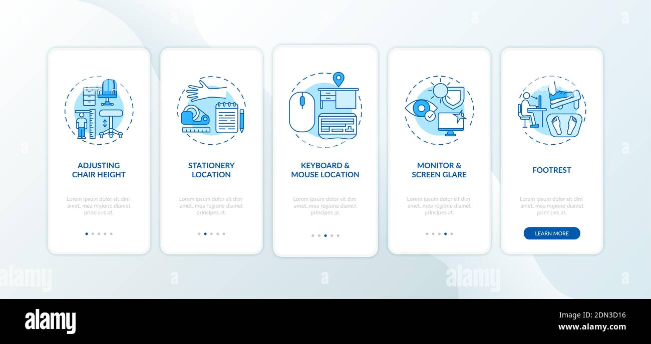 Office ergonomics tips onboarding mobile app page screen with concepts Stock Vector