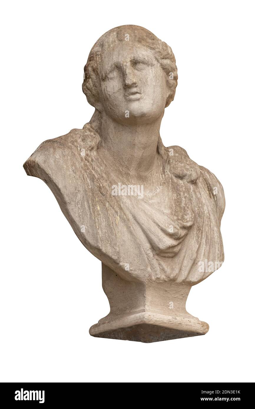 Gypsum sculptures and statues bust head. On the streets in Spain in