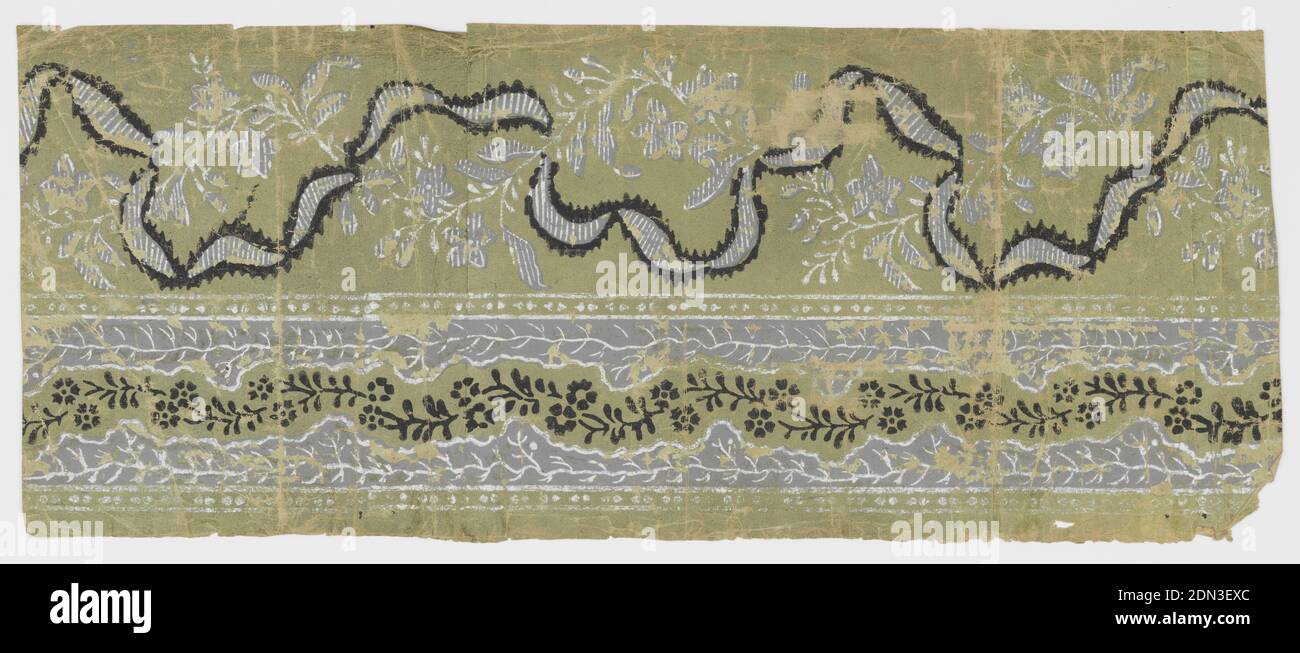 Border, Block printed on handmade paper, Wide upper band containing ribbon intertwined with vining foliage. Bottom band has lacy look - with central band of vining floral between two edge bands on vining foliage. Bands of beading above and below this bottom band. Printed in white, gray and black on green ground., H# 525A, France, 1790–1810, Wallcoverings, Border Stock Photo