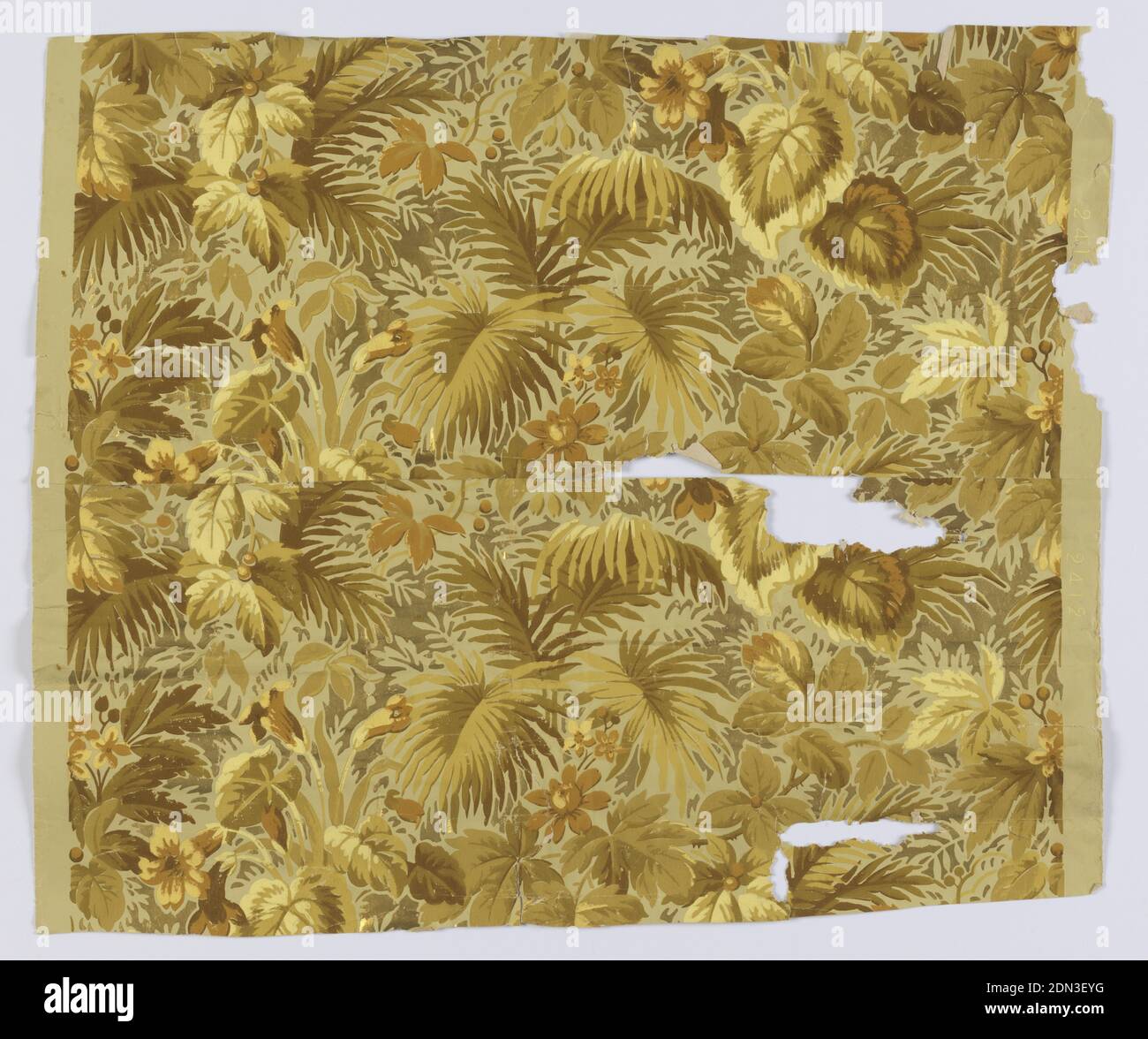 Sidewall, Machine-printed paper, On metallic gold ground, yellow and tan ferns alternate with lush orange flowers and tan foliage., 1870–90, Wallcoverings, Sidewall Stock Photo