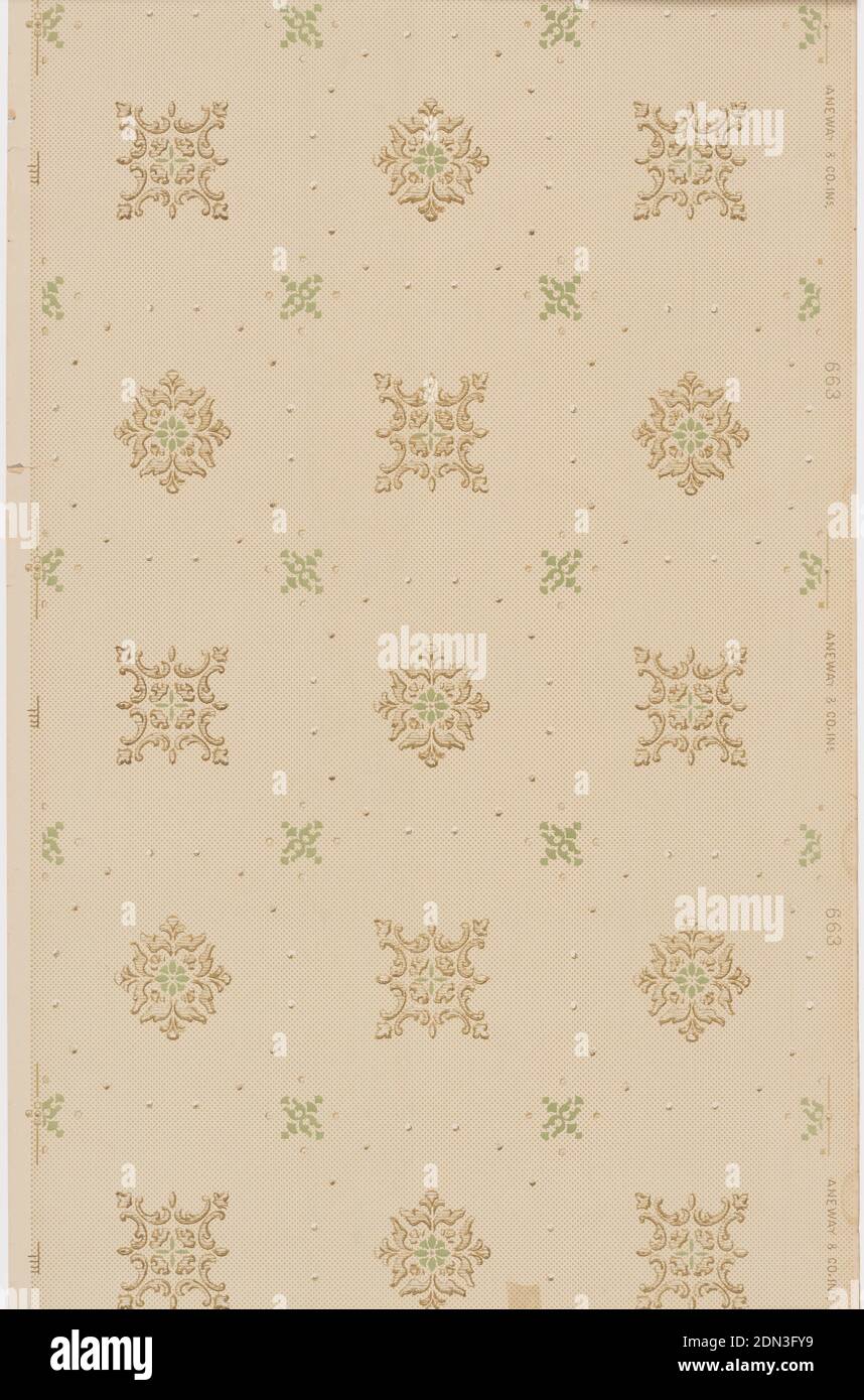 Ceiling paper, Janeway & Co. Inc., New Brunswick, New Jersey, 1848 - 1914, Machine-printed paper, Alternating square and diamond shape foliate medallions are surrounded by borders of pearl-like dots and interspersed with small, light green decorations. Larger pattern is printed over an allover grid of small dots. Design is printed in light browns and greens over beige., USA, 1905–1915, Wallcoverings, Ceiling paper Stock Photo