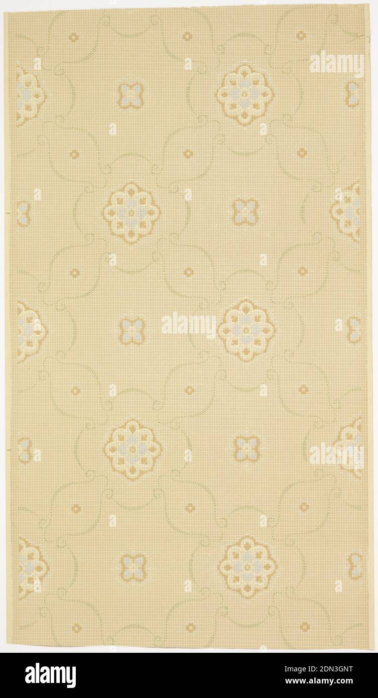 Ceiling paper, Machine-printed paper, Alternating small, medium, and large fleurons in a treillage pattern of scrolls made out of small green lines. Background is covered in a grid of small square dots. Ground is beige. Printed in cream, blue, green, and browns., USA, 1905–1915, Wallcoverings, Ceiling paper Stock Photo