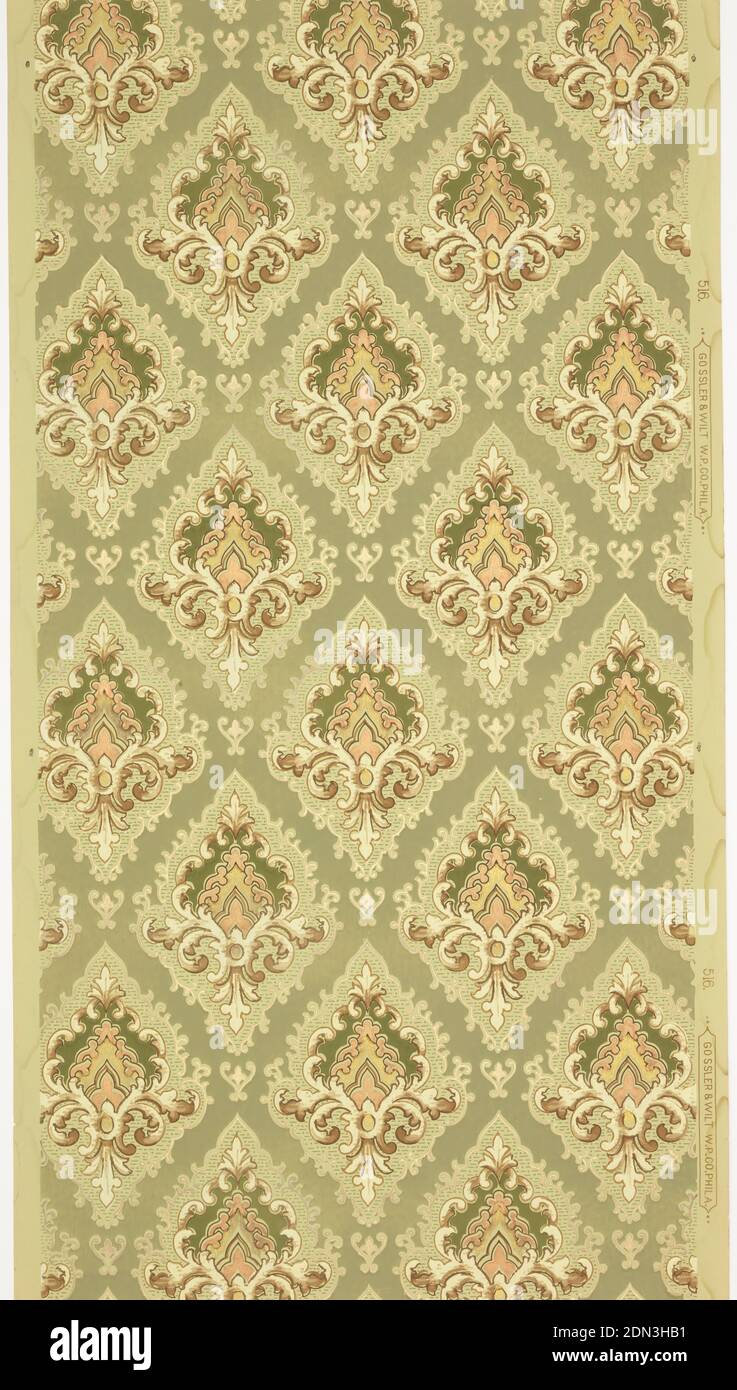 Sidewall, Gossler and Wilt Wall Paper Co., Philadelphia, Pennsylvania, Machine-printed paper, liquid mica, Large individual foliate medallions set close together, with foliate scrolls and horizontal bead and reel motifs. Ground is light green. Printed in greens, browns, gold mica, copper mica, and cream., Philadelphia, Pennsylvania, USA, 1905–1915, Wallcoverings, Sidewall Stock Photo
