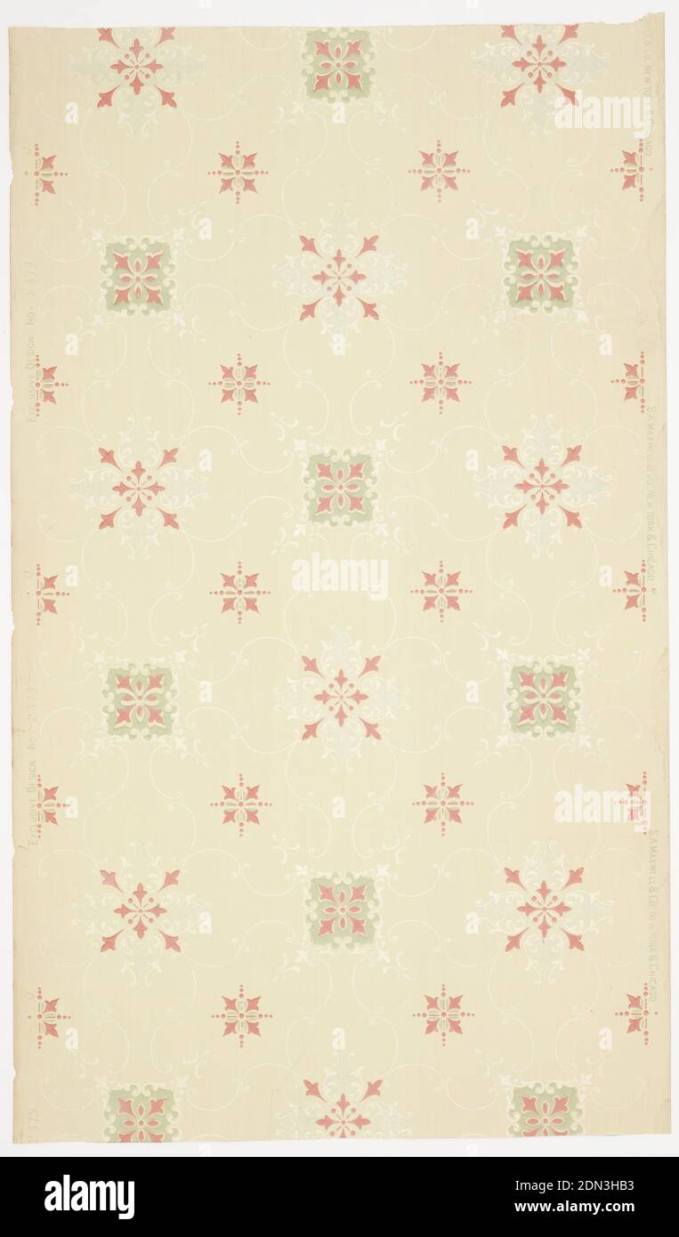 Ceiling paper, Maxwell & Co., S.A., Chicago, Illinois, USA, Machine-printed paper, liquid mica, Band of large blue and link and medium green and pink fleurons alternating with band of small green and pink fleurons. Fleurons are connected by white mica scrolls with sylized floral pendants. Printed in light green, pink, blue liquid mica and white liquid mica on light beige ground. Printed in selvedge: 'S.A. Maxwell & Co. New York & Chicago' ; 'Exclusive Design No. 2379'., USA, 1905–1915, Wallcoverings, Ceiling paper Stock Photo
