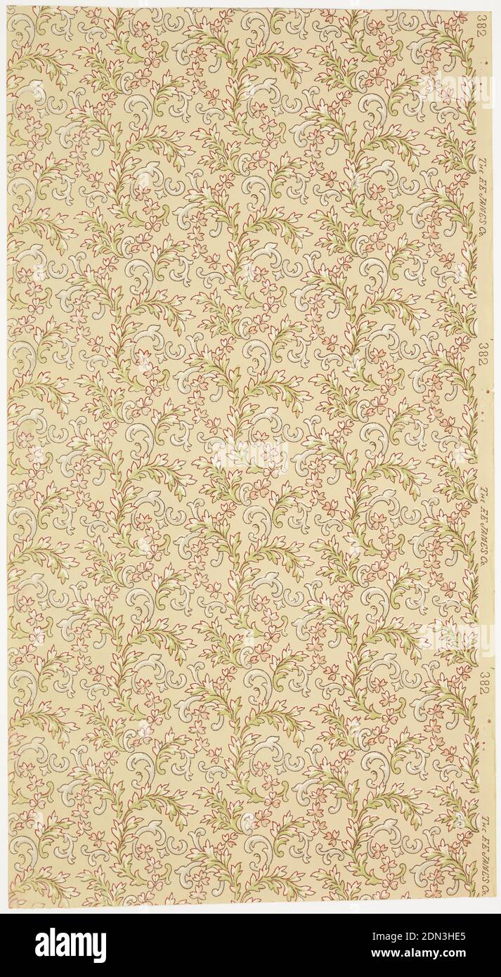 Sidewall, F. E. James Co., New York, New York, Machine-printed paper, liquid mica, Undelineated bands of green foliage motif with blue foliate scrolls and pink foliate vining. Printed in light pink, dark pink, light green, pale blue brown and white liquid mica on a beige ground., New York, New York, USA, 1905–1915, Wallcoverings, Sidewall Stock Photo