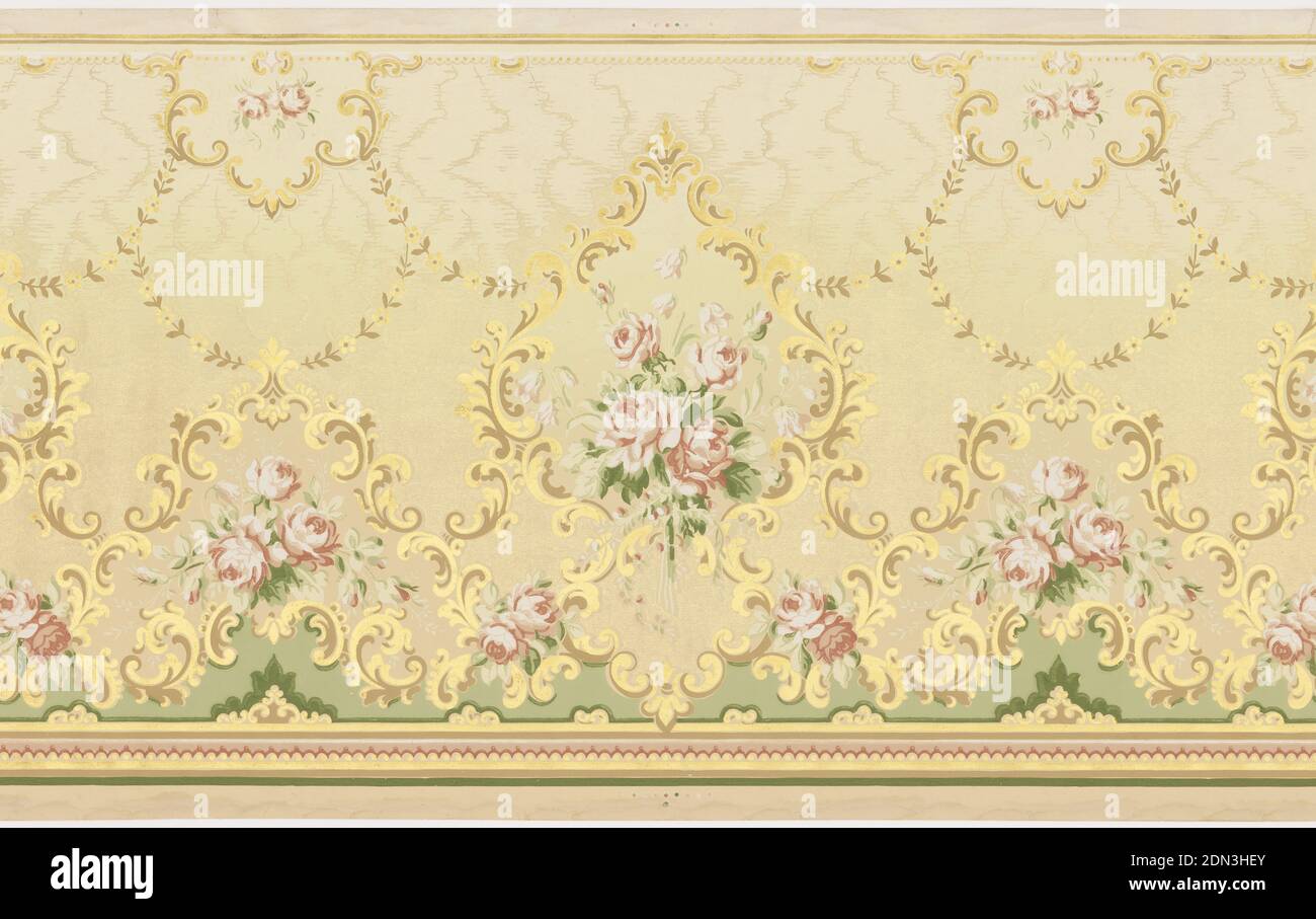 Frieze, Machine-printed paper, Acanthus leaf border with cartouche enclosing roses, rosebuds and leaves. Numerous foliate swags and metallic gold scrolls., USA, 1905–1915, Wallcoverings, Frieze Stock Photo
