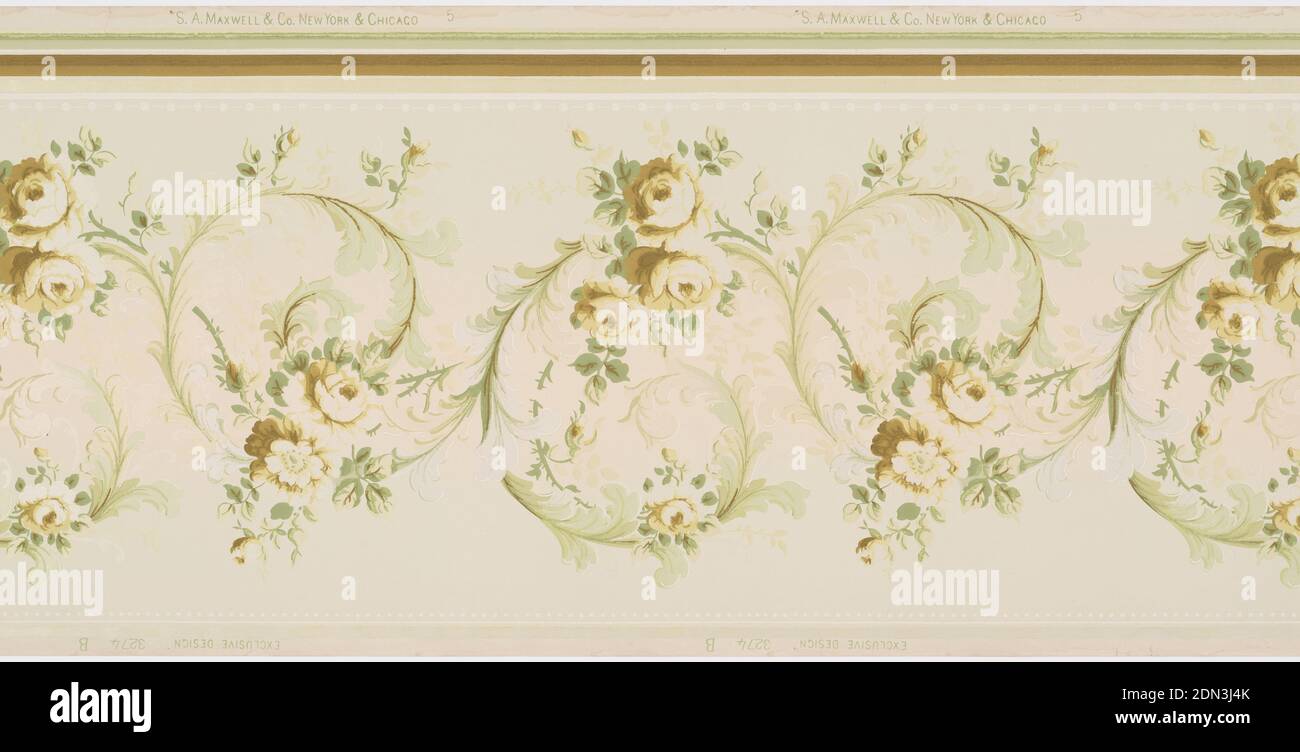 Frieze, Machine-printed paper, liquid mica, Rinceau of acanthus scrolls and rose floral motif in center, strung bead at top and bottom. Printed in greens and browns with liquid mica on a pale green background., USA, 1905–1915, Wallcoverings, Frieze Stock Photo