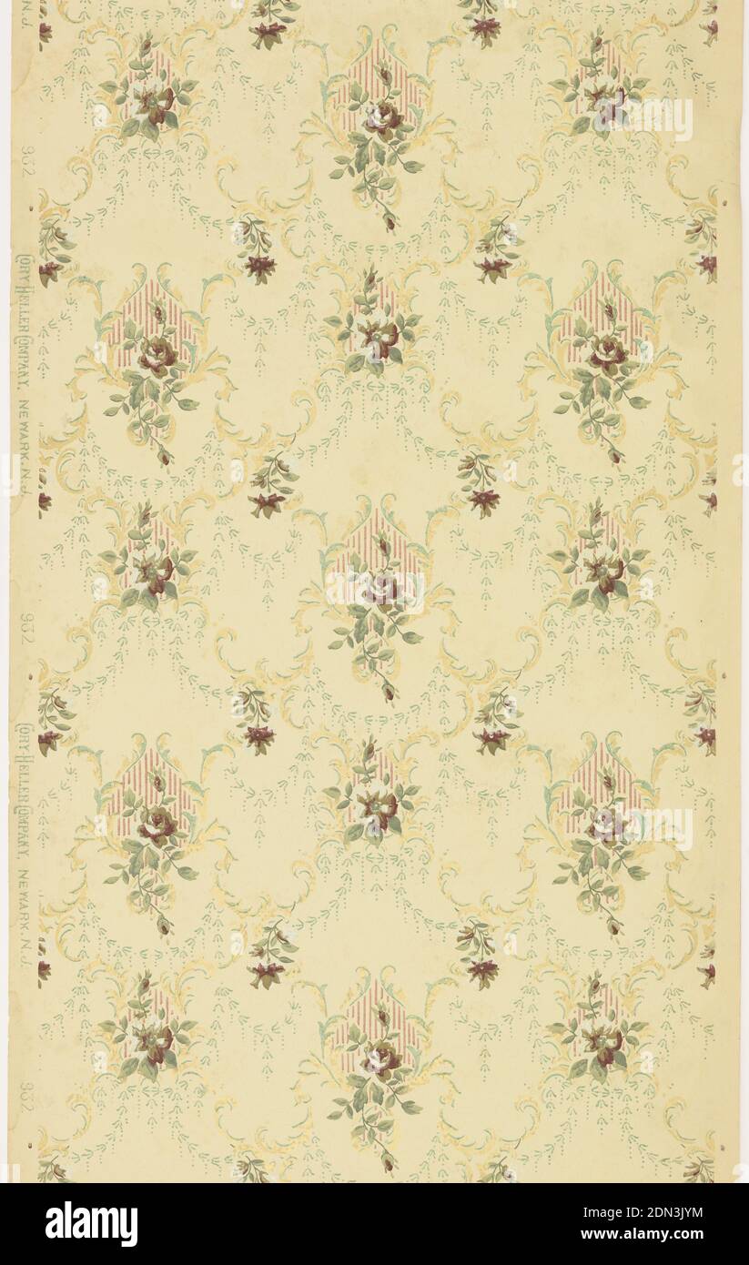 Sidewall, Cory-Heller Company, Machine-printed paper, textured, liquid mica, Striped floral medallions connected by swags and scrolls. Printed in red, green, brown, and metallic gold on light yellow ground., Newark, New Jersey, USA, 1905–1915, Wallcoverings, Sidewall Stock Photo