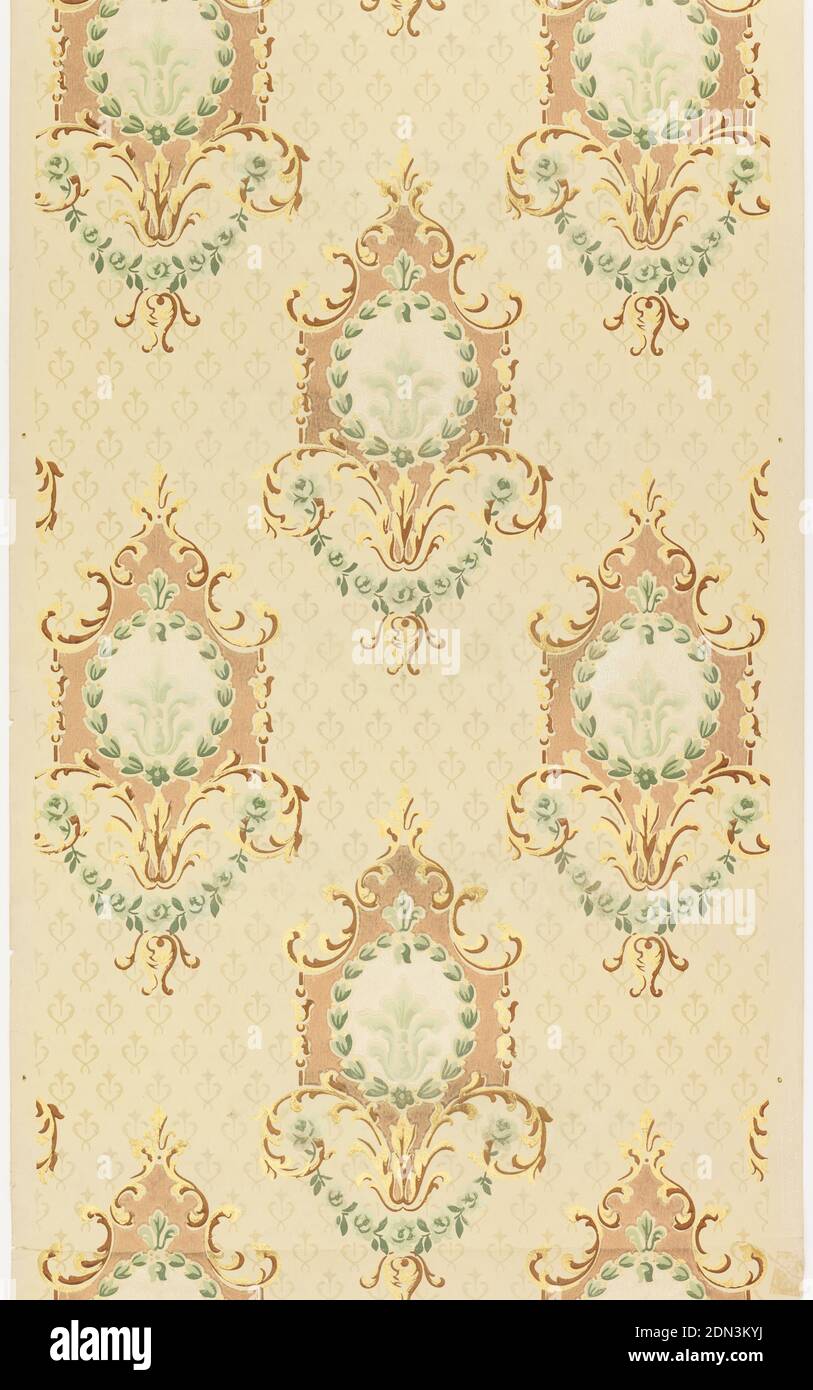 Sidewall, York Card & Paper Co., 1891, Machine-printed paper, liquid mica, Repeating design of medallions in diagonal stripe format, with framework of acanthus scrolls, center wreath containing floral motif like fleur de lis, floral swag at bottom of medallion. Printed in copper, green, tan and brown on tan background patterned with diagonal rows of petite medallions., York, Pennsylvania, USA, 1905–1915, Wallcoverings, Sidewall Stock Photo