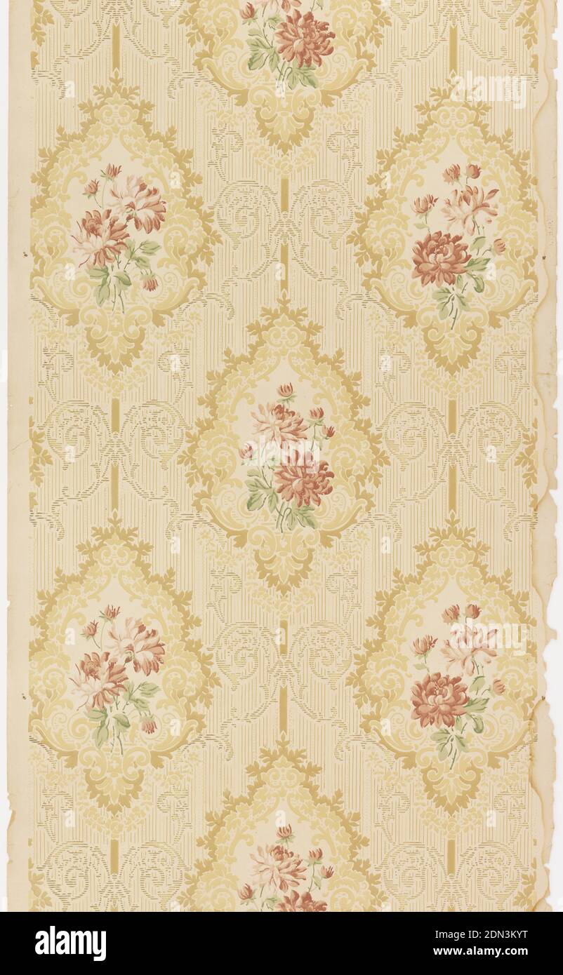 Sidewall, Machine-printed paper, liquid mica, Large-scale foliate medallions, each containing a bouquet of chrysanthemums (?) The medallions are printed on stripes, and are connected to other medallions by foliate scrolls. Printed on a striped background pattern., USA, 1905–1915, Wallcoverings, Sidewall Stock Photo