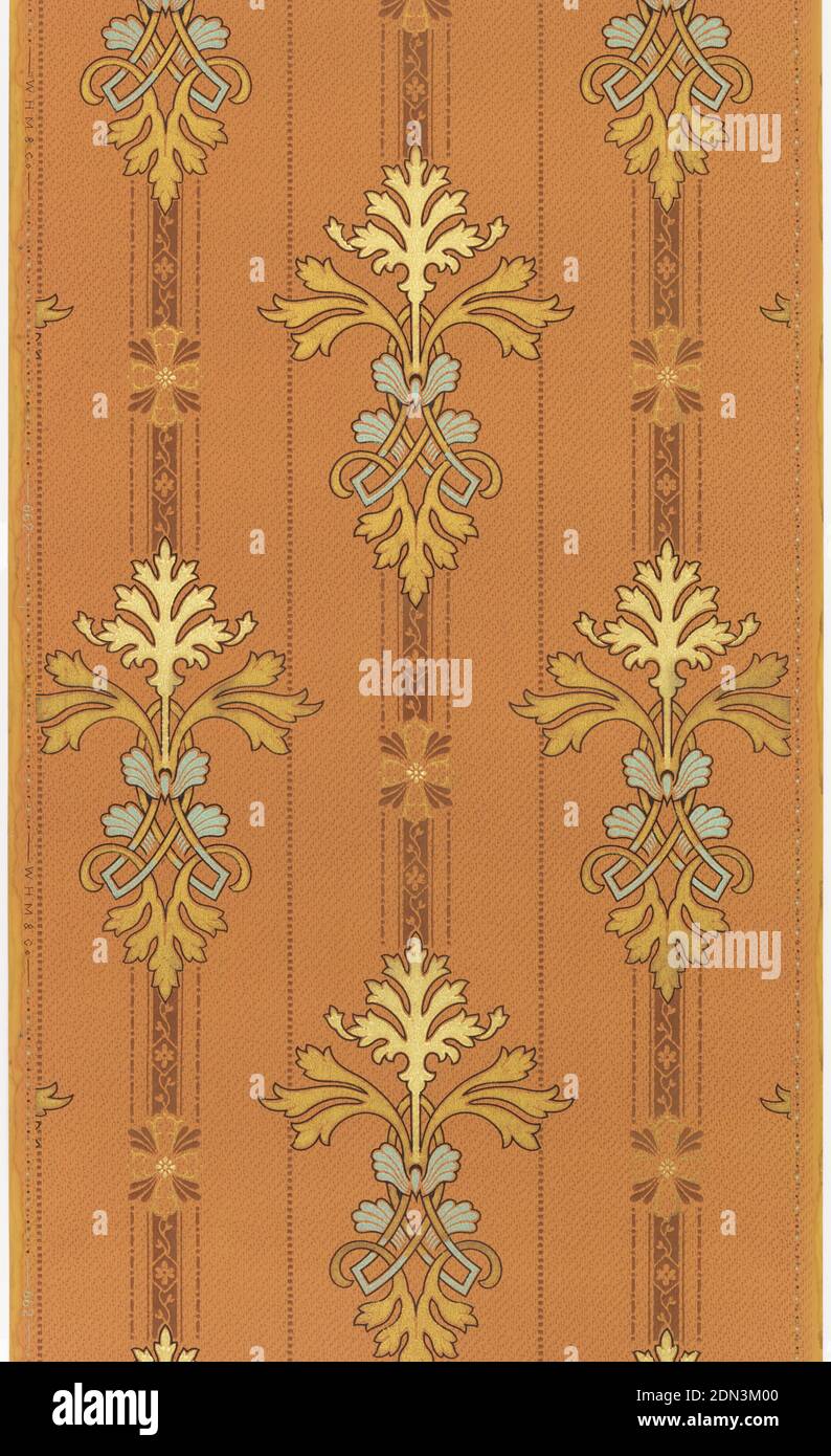 Sidewall, W.H. Mairs & Co., 1855, Machine-printed paper, liquid mica, Foliate stripe. Stylized foliate medallion on stripe. Medallions alternate with small floral motif. Printed in metallic green and gold on copper-color ground., Brooklyn, New York, USA, 1905–1915, Wallcoverings, Sidewall Stock Photo