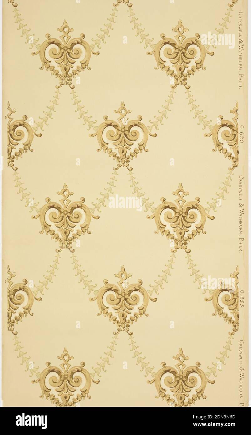 Sidewall, Cresswell & Washburn Ltd, Philadelphia, Pennsylvania, 1880 - 1900, Machine-printed paper, mica, Heart-shaped motifs form with acanthus and bell flowers, connected by lighter-colored bell flowers forming fish scale pattern. Printed in brown, tan, and light green on light tan ground., Philadelphia, Pennsylvania, USA, 1905–1915, Wallcoverings, Sidewall Stock Photo