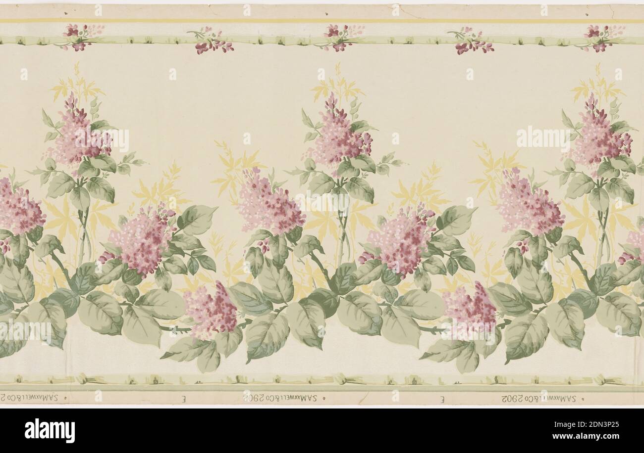 Frieze, Maxwell & Co., S.A., Chicago, Illinois, USA, Machine-printed paper, Swags of roses hung from vine entwined with daisy chains linking to large ribbon bows. There are stripes on the edge., USA, 1905–1915, Wallcoverings, Frieze Stock Photo