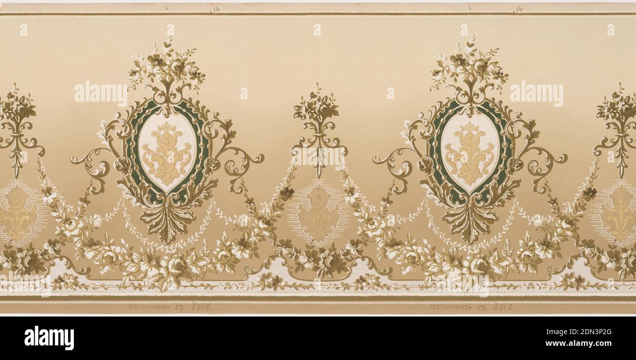 Frieze, Machine-printed paper, A series of foliate medallions connected by several swags, one of small white leaves, the other of larger flowers. Printed in shades of green, beige and white on tan ground that shades to brown at bottom.., USA, 1905–1915, Wallcoverings, Frieze Stock Photo