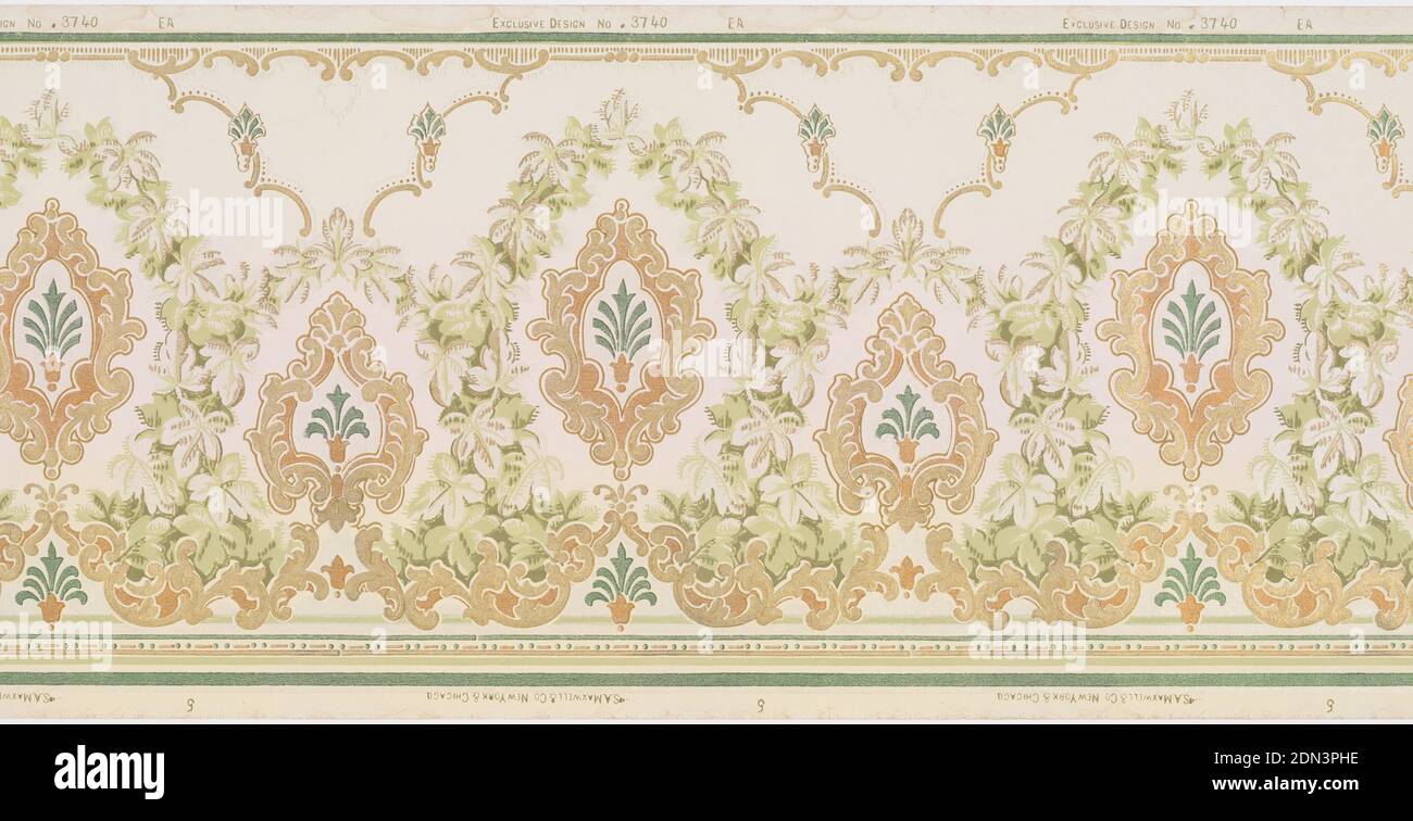 Frieze, Machine-printed paper, textured, liquid mica, Two alternating medallions enclosed within a foliate framework band of beading at the bottom; printed in green, metallic green, metallic gold, metallic copper on a light green background (shading green to pink to green), USA, 1905–1915, Wallcoverings, Frieze Stock Photo