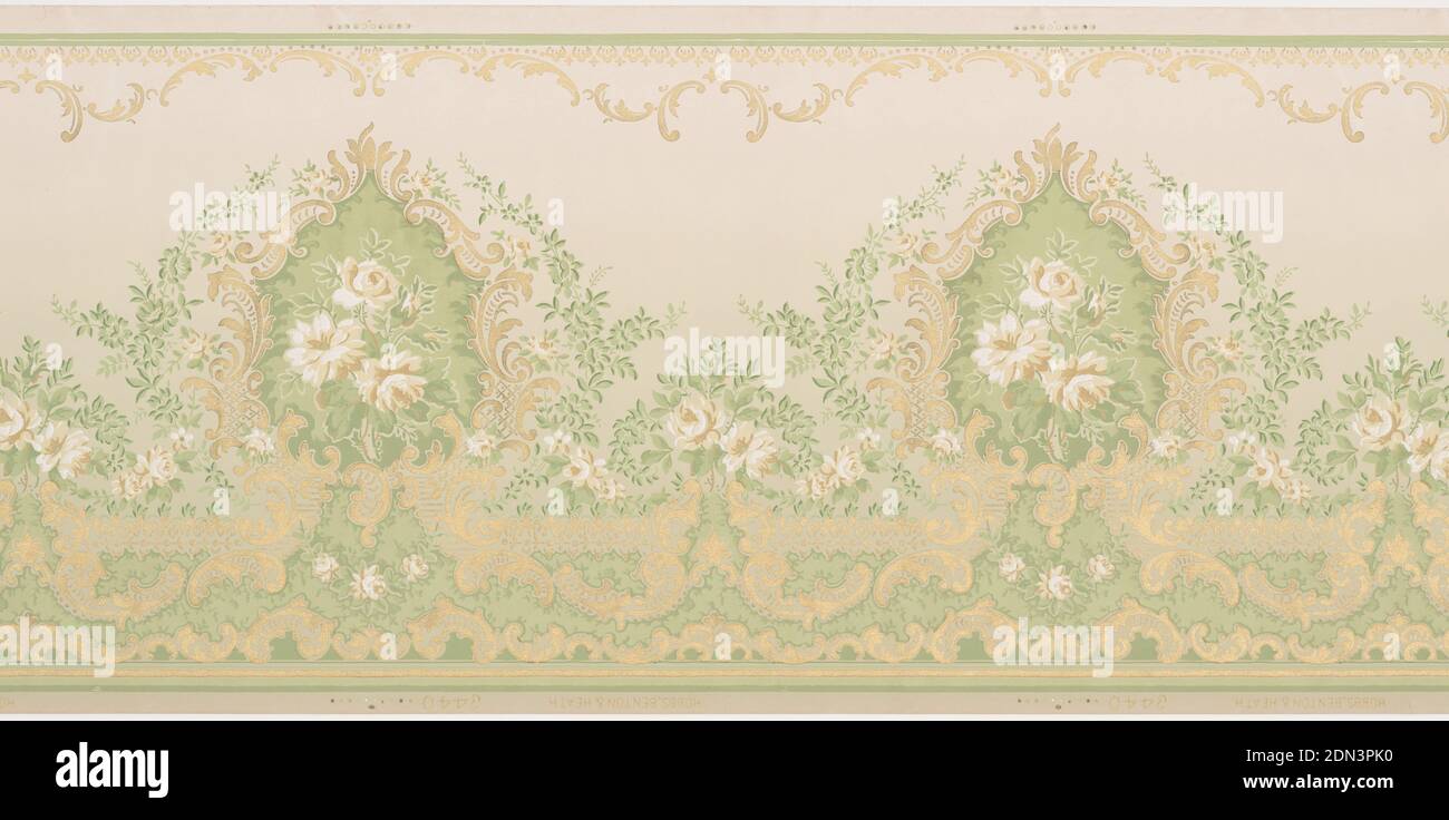 Frieze, Hobbs, Benton & Heath, Hoboken, New Jersey, Machine-printed paper, Pattern of large medallions outlined in gilt rinceaux with centralized white rose and leaf bouquets. Outside medallion are branches and wild flowers. In between each medallion lies a smaller rose bouquet. A border of gilt scrolls rests at the base of this design. printed in gilt, white, pale yellow and pea green on a cream ground., Hoboken, New Jersey, USA, 1905–1915, Wallcoverings, Frieze Stock Photo