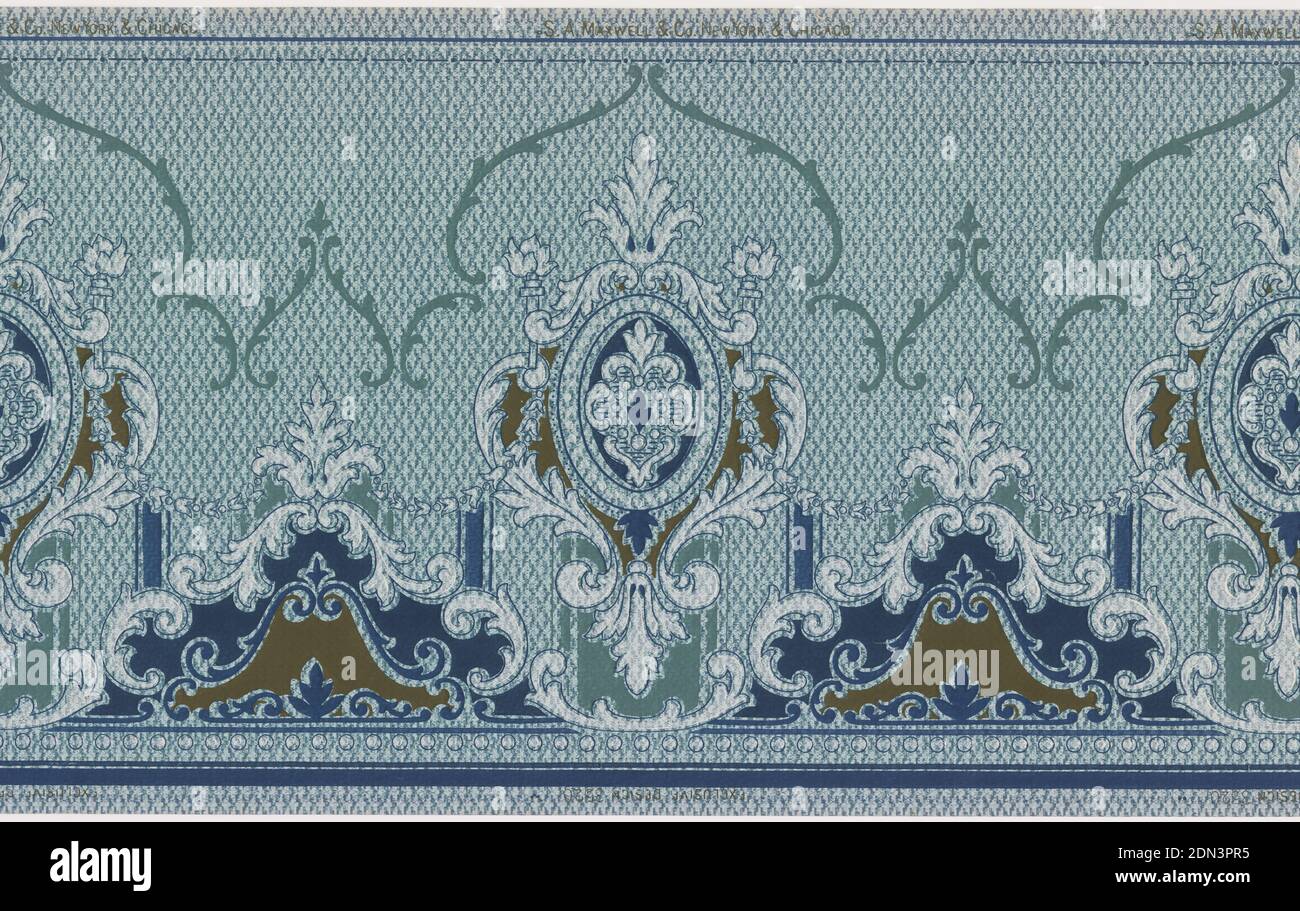 Frieze, Maxwell & Co., S.A., Chicago, Illinois, USA, Machine-printed paper, A repeating design of alternating cartouches of midnight blue, burnt umbre, and mica, and corinthian columns of complementary colors and mica acanthus leaves, upon a pale turquoise ground with a geometric overlay in midnight blue, dark green and mica., USA, 1905–1915, Wallcoverings, Frieze Stock Photo