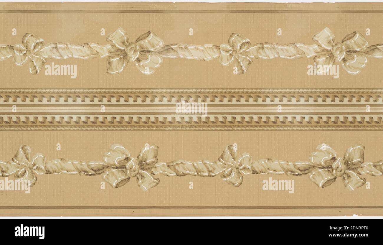 Frieze, Maxwell & Co., S.A., Chicago, Illinois, USA, Machine-printed paper, Central band of ribbons with bow knots, dentil molding and cable molding across top. Printed two borders across the width., USA, 1905–1915, Wallcoverings, Frieze Stock Photo