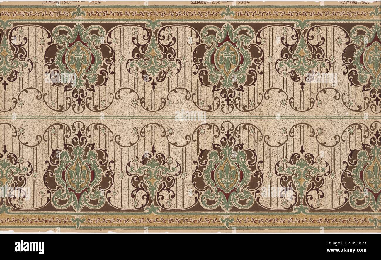 Frieze, Maxwell & Co., S.A., Chicago, Illinois, USA, Machine-printed paper, Larger medallion containing fleur-di-lis, alternating with smaller medallion. Scalloped band along top edge. Straight band with line of 'c' scrolls along bottom edge. Printed in green, brown, burgundy, and ocher on tan ground. Printed two across., USA, 1905–1915, Wallcoverings, Frieze Stock Photo