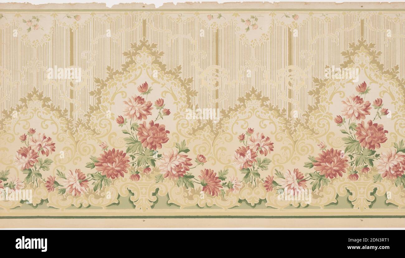 Frieze, Machine-printed paper, Red flowers enclosed within foliate medallions. There is a small band of foliate scrolls at the top. The fill is a brown stripe., USA, 1905–1915, Wallcoverings, Frieze Stock Photo