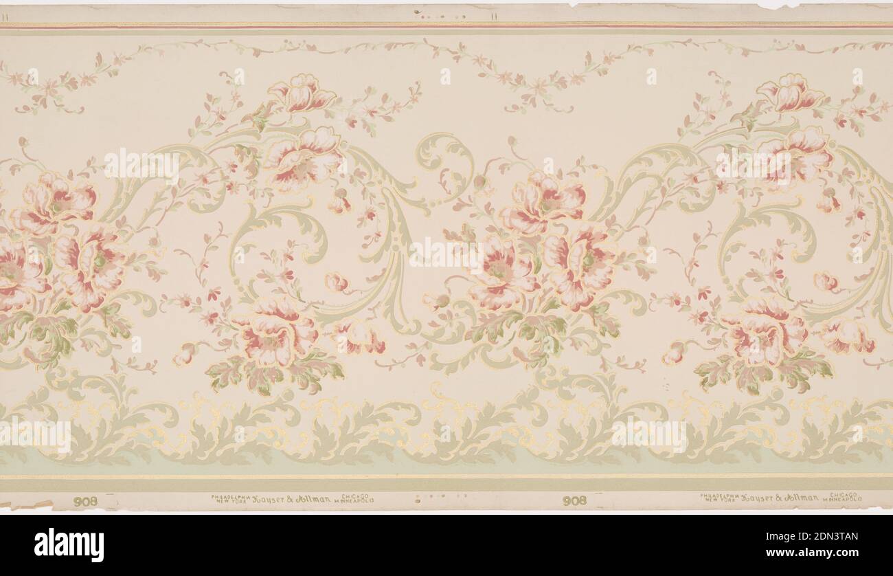 Frieze, Kayser & Allman, Machine-printed paper, embossed, Frieze featuring central swirling vine profuse with pink blossoms. A dainty vine with smaller flowers meanders across the top border, while a border of thick leafy branches grow up from the bottom of the panel. The design is printed in shades of pink, red, pale green and gold on a beige background., Philadelphia, Pennsylvania, USA, 1905–1915, Wallcoverings, Frieze Stock Photo