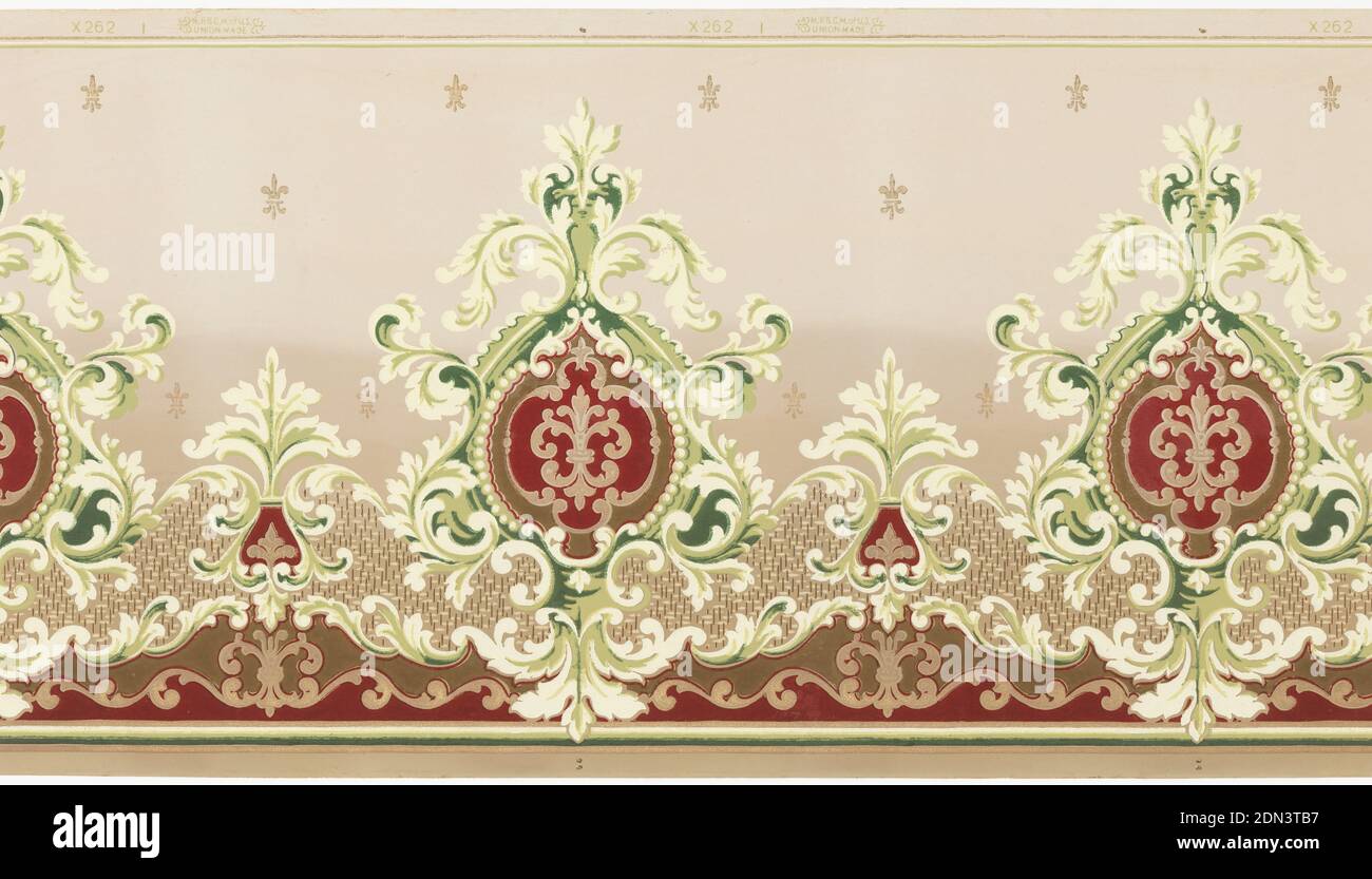 Frieze, Machine-printed paper, Alternating large and small green medallions, each having deep red center. Large medallions contain fleur-de-lis. Small fleur-de-lis repeat across background, which shades from darker at the bottom to lighter at top., USA, 1905–1915, Wallcoverings, Frieze Stock Photo