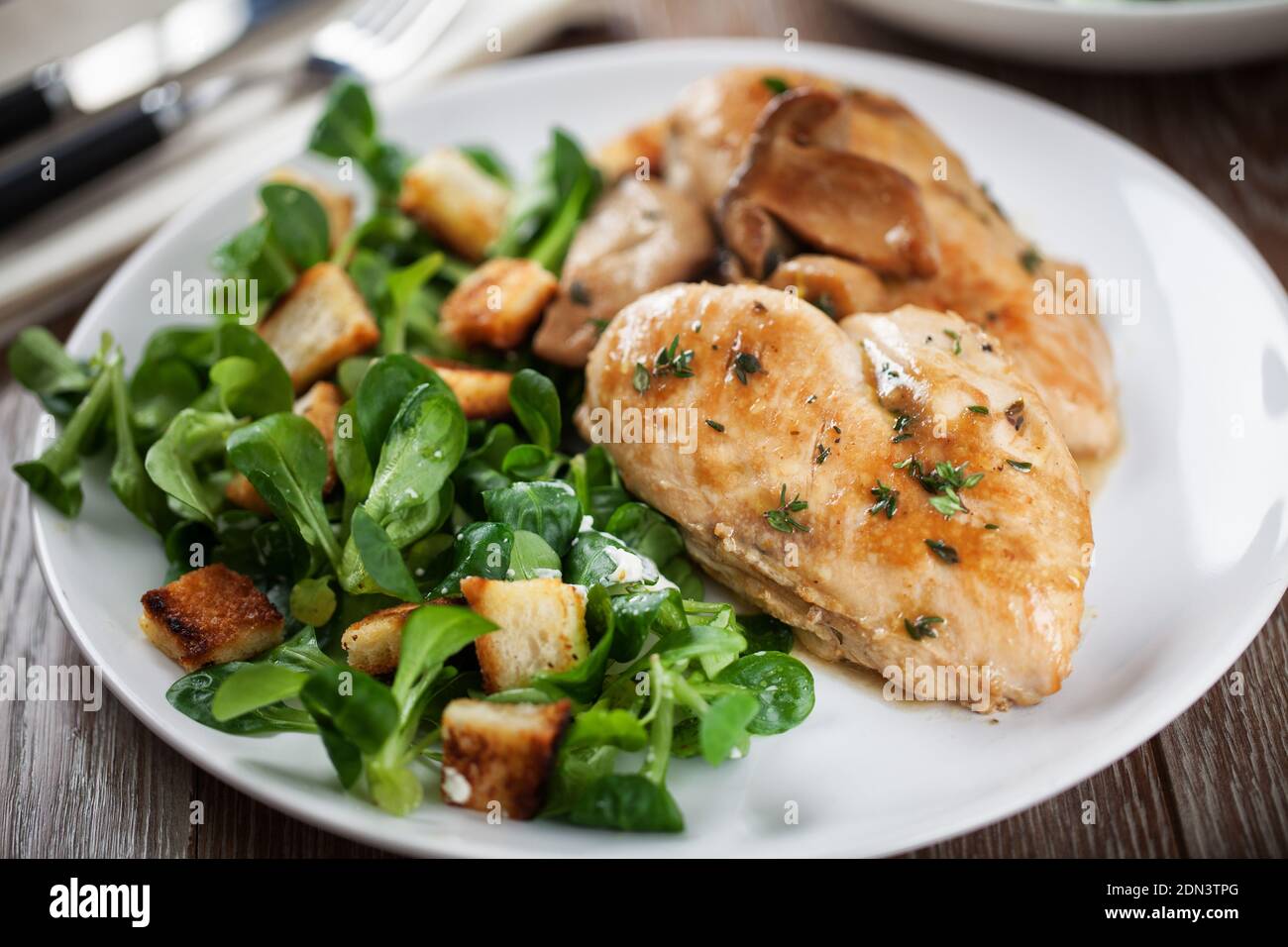 Delicious caesar salad with homemade croutons and dressing Stock Photo