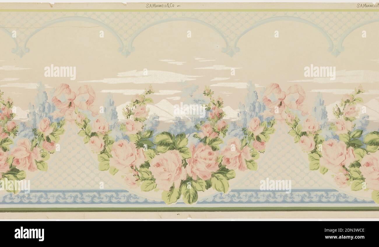 Frieze, Machine-printed paper, Landscape design with architectural details. View of mountains and clouds, enframed by rose swags and filigree or scalloped trellis., USA, 1905–1915, Wallcoverings, Frieze Stock Photo