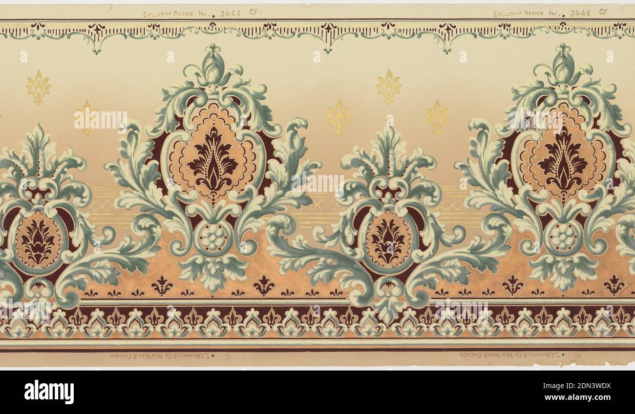 Frieze, Machine-printed paper, Alternating large and small acanthus medallions with floral motif centered in each. Metallic gold floral motifs in upper background and metallic gold stripes across middle ground. Metallic copper fill in medallions and appearing on lower portion. Background shades from green at top to tan towards bottom., USA, 1905–1915, Wallcoverings, Frieze Stock Photo