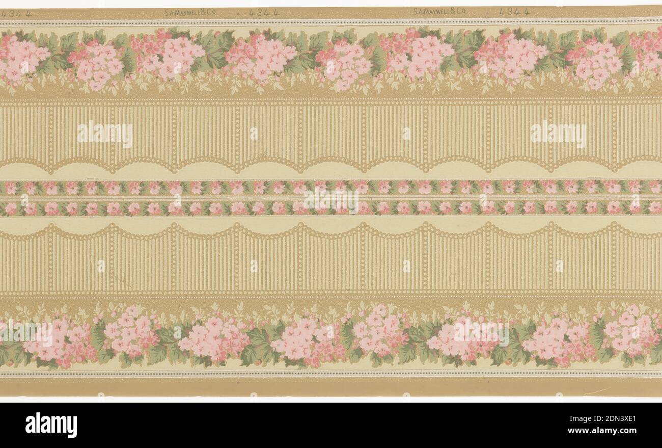 Frieze, Maxwell & Co., S.A., Chicago, Illinois, USA, Machine-printed paper, Printed two across. Band of bright pink floral bouquets across bottom. Scalloped striped band above, having appearance of decoartive fence. Plain tan background above., USA, 1905–1915, Wallcoverings, Frieze Stock Photo