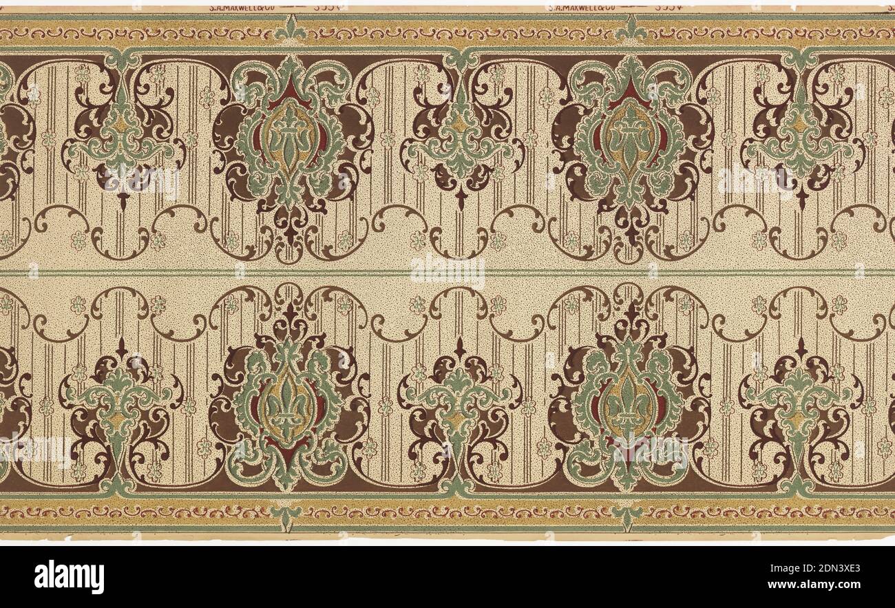 Frieze, Maxwell & Co., S.A., Chicago, Illinois, USA, Machine-printed paper, Printed two across. Foliate medallions, large containing fleur di lys alternating with smaller, against striped background with scalloped top edge. Printed in deep red, green and tan on off-white spotted ground., USA, 1905–1915, Wallcoverings, Frieze Stock Photo