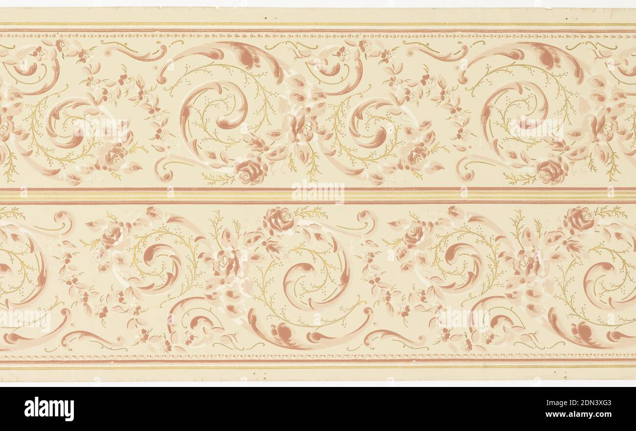 Frieze, Machine-printed, mica, liquid, Printed two across. Floral and foliate scrolls linked together appearing like rinceau design., USA, 1905–1915, Wallcoverings, Frieze Stock Photo